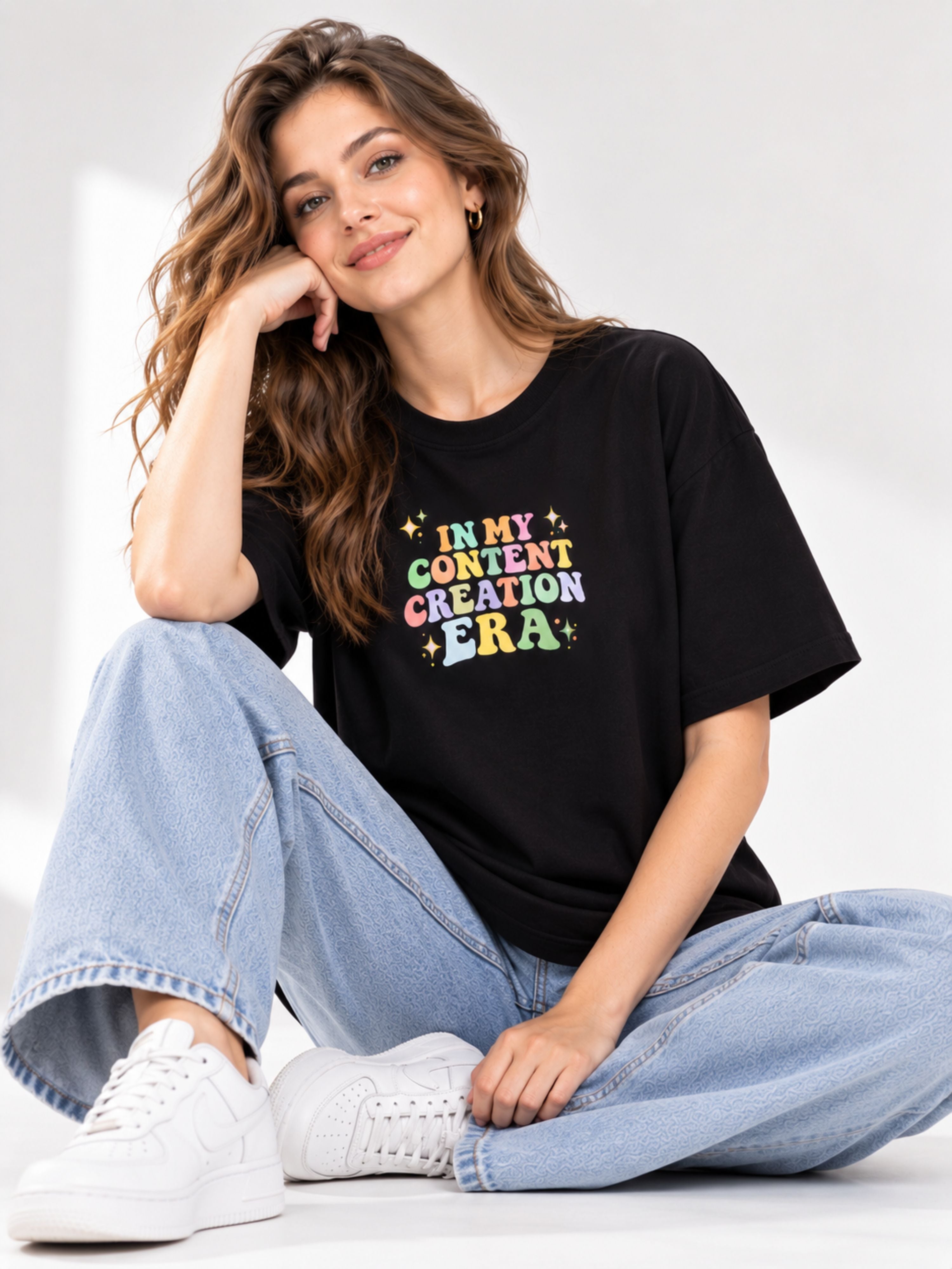 Bandar Baant Collections oversized fit Content Creator T-Shirt For Women in black with colorful text design