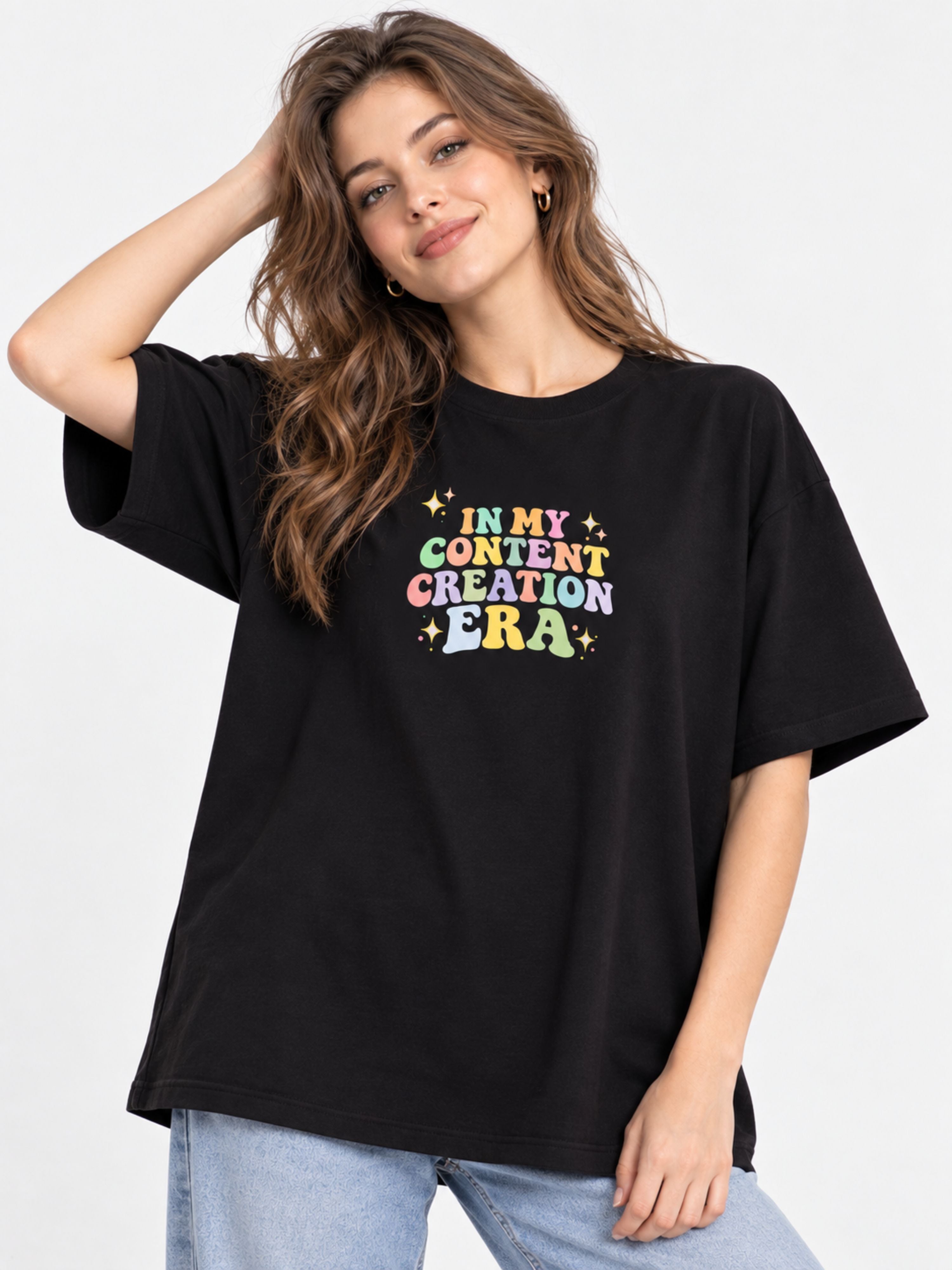 Oversized fit black Content Creator T-Shirt For Women with colorful In My Content Creation Era print