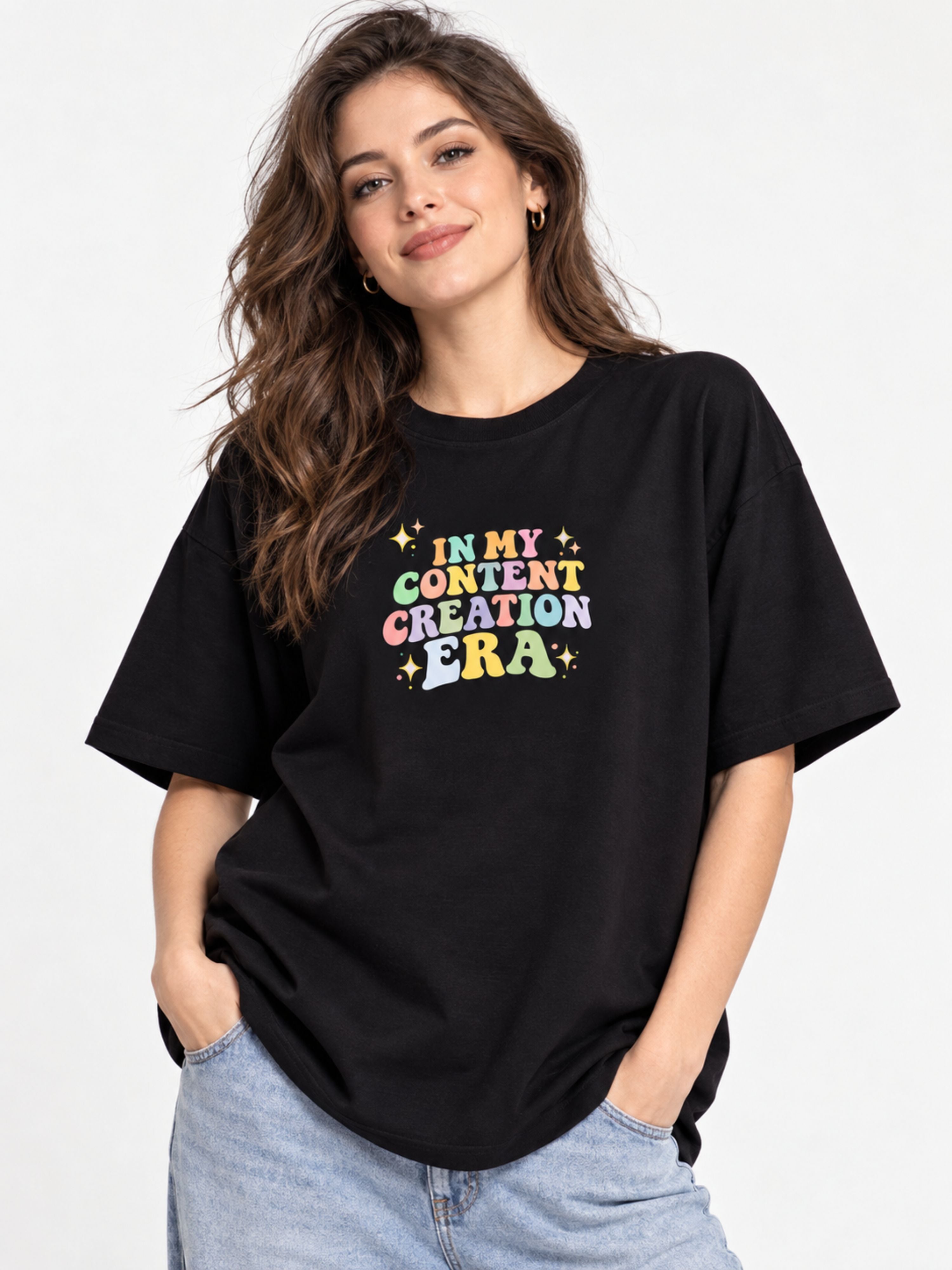 Black oversized fit Content Creator T-Shirt For Women with colorful In My Content Creation Era print