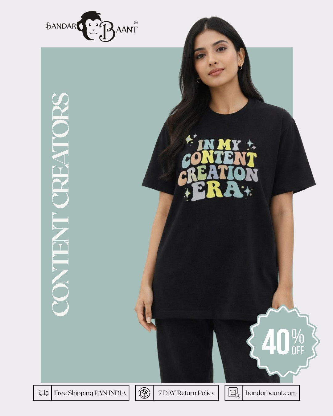 Oversized fit black Content Creator T-Shirt For Women with colorful text design by Bandar Baant Collections