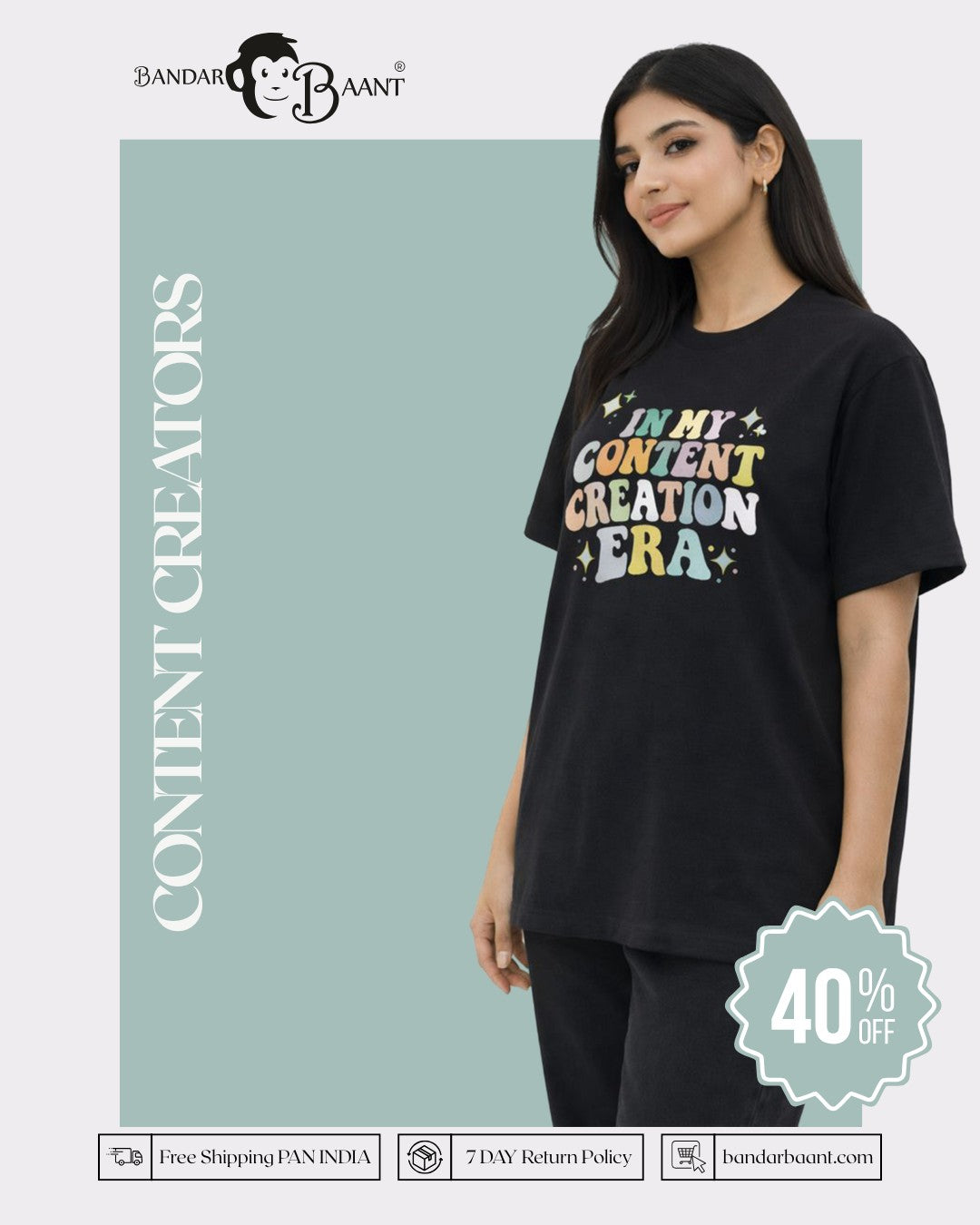 Oversized fit Content Creator T-Shirt For Women in black with colorful text design by Bandar Baant Collections