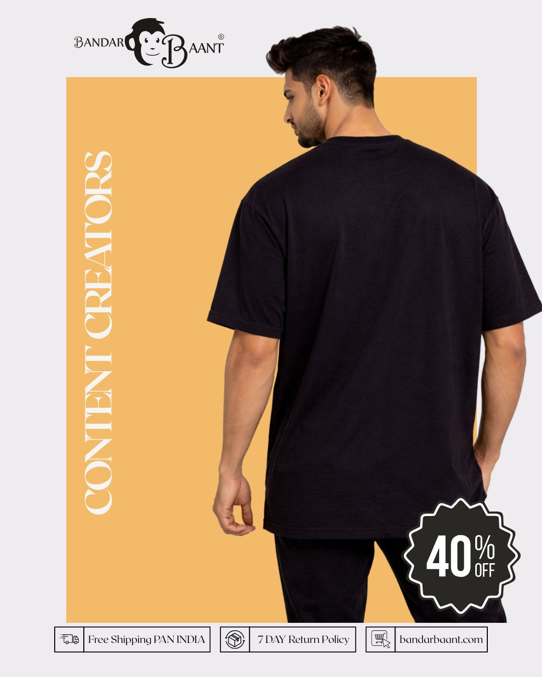 Black oversized fit Content Creators T-Shirt For Men by Bandar Baant Collections with 40 percent off offer