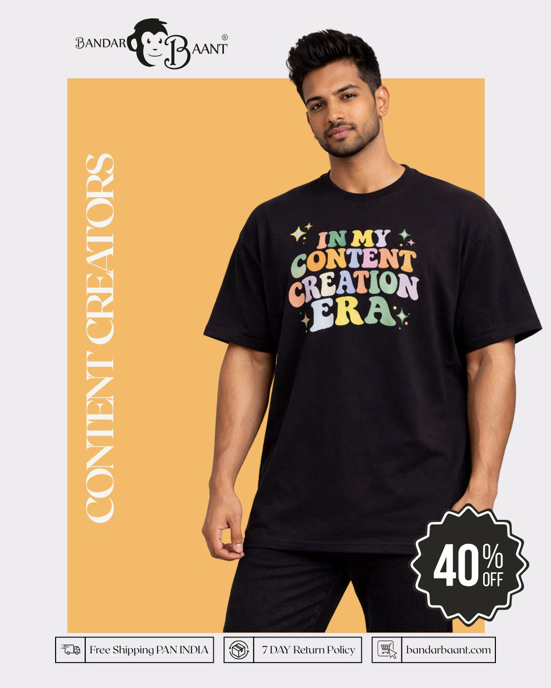 Bandar Baant oversized Content Creators T-Shirt For Men with colorful text in casual black fit
