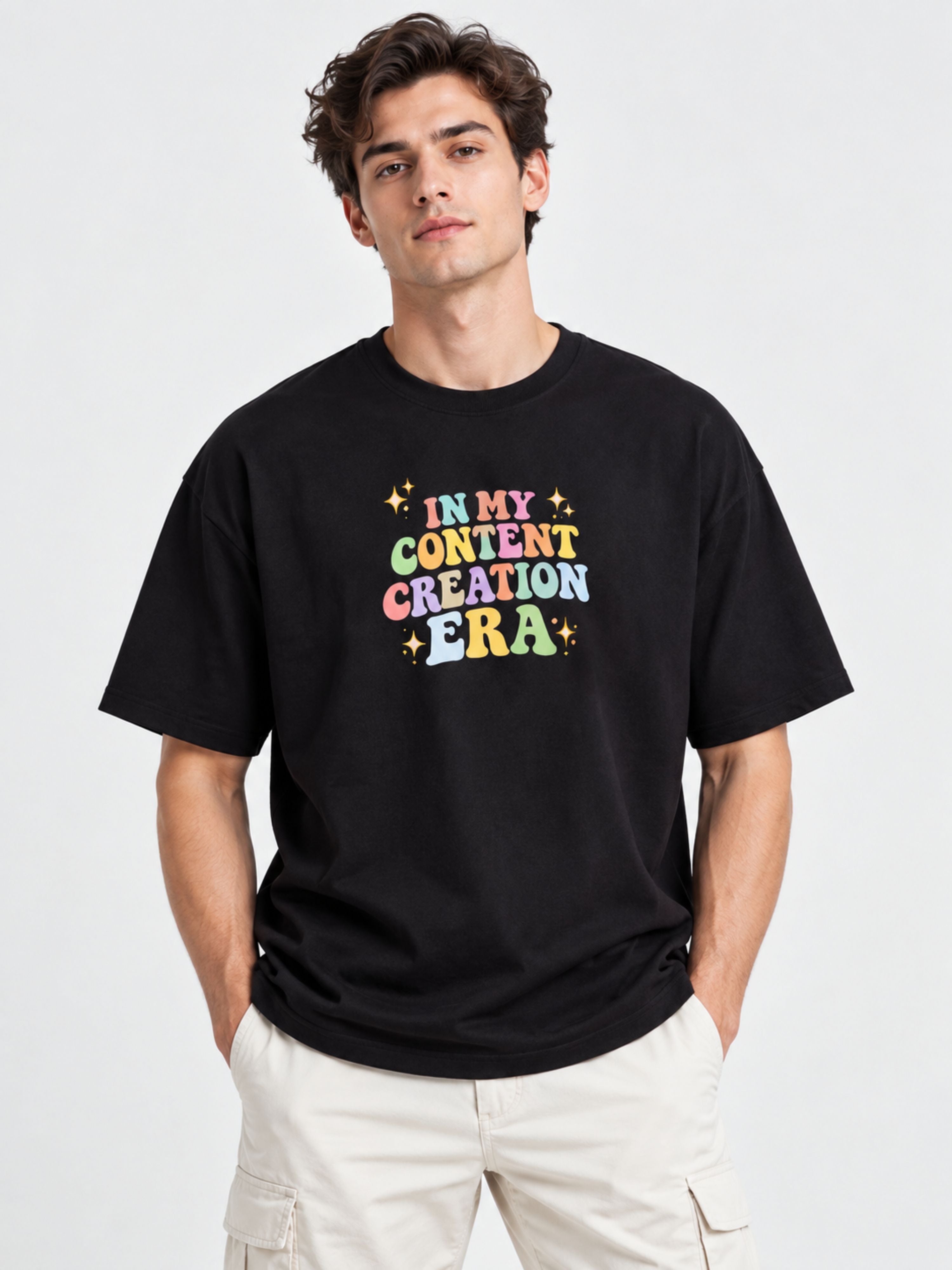Black oversized fit Content Creators T-Shirt For Men with colorful text design and casual style