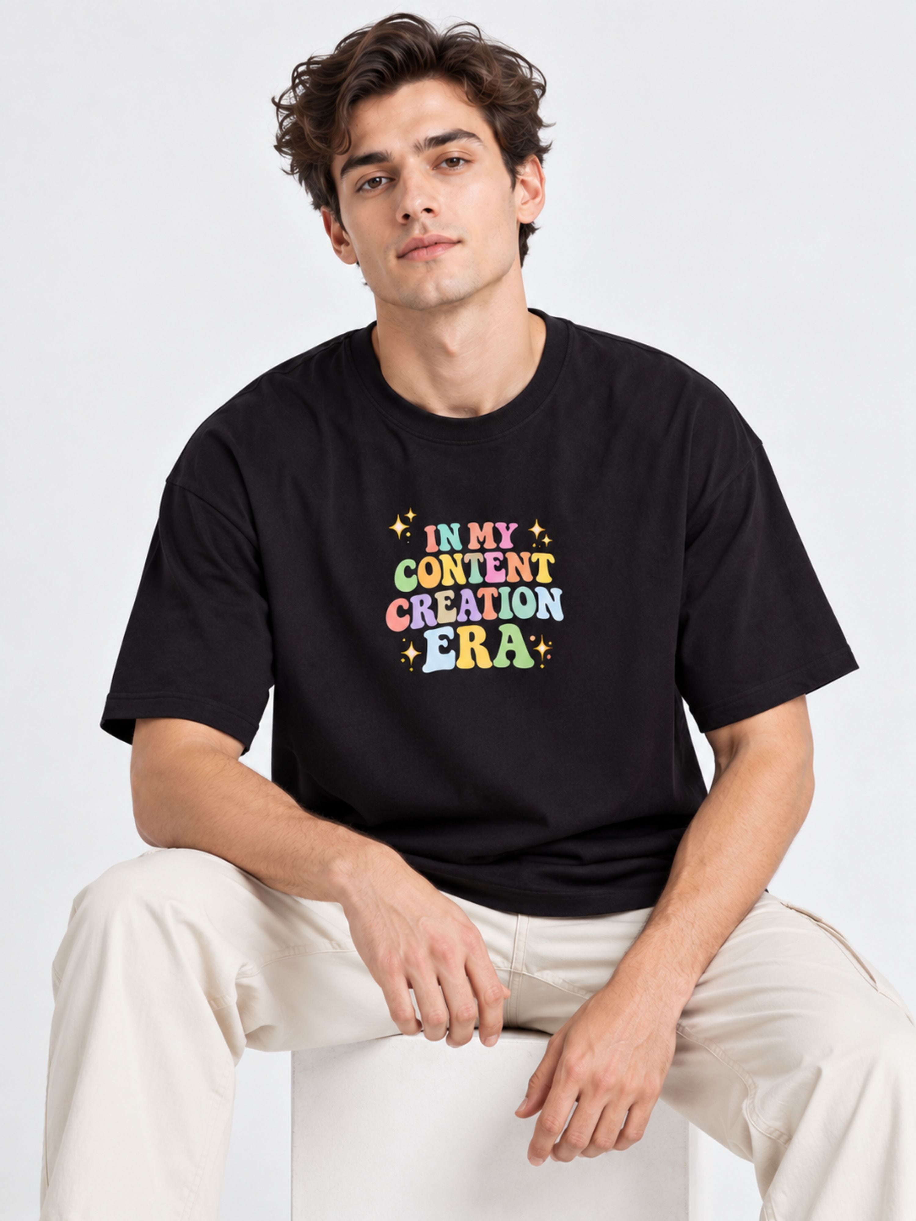 Bandar Baant Collections oversized fit Content Creators T-Shirt For Men in black with colorful text design