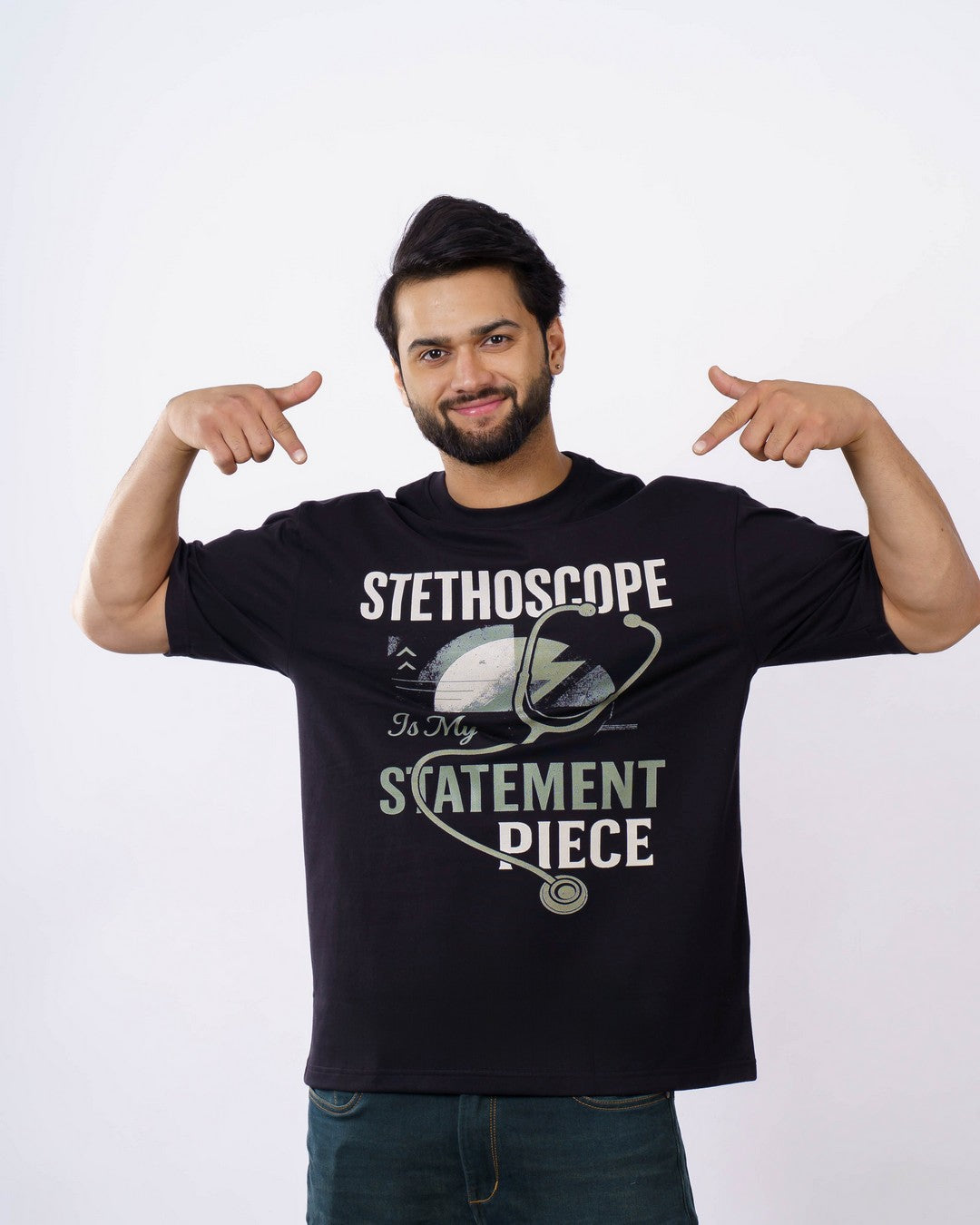 Man wearing Bandar Baant Collections oversized fit cool printed tshirt for men with stethoscope graphic design 1