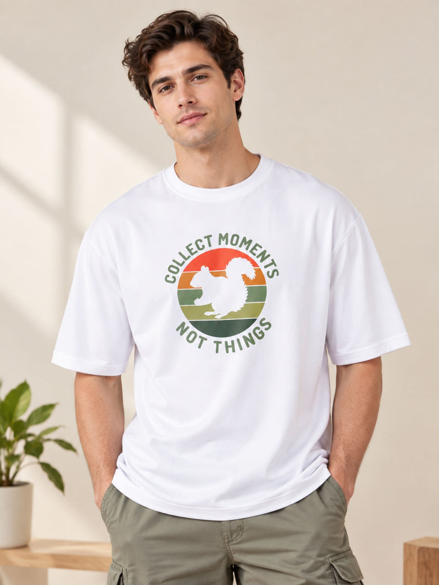 Bandar Baant Collections oversized fit T-Shirt For Men white with Collect Moments Not Things graphic
