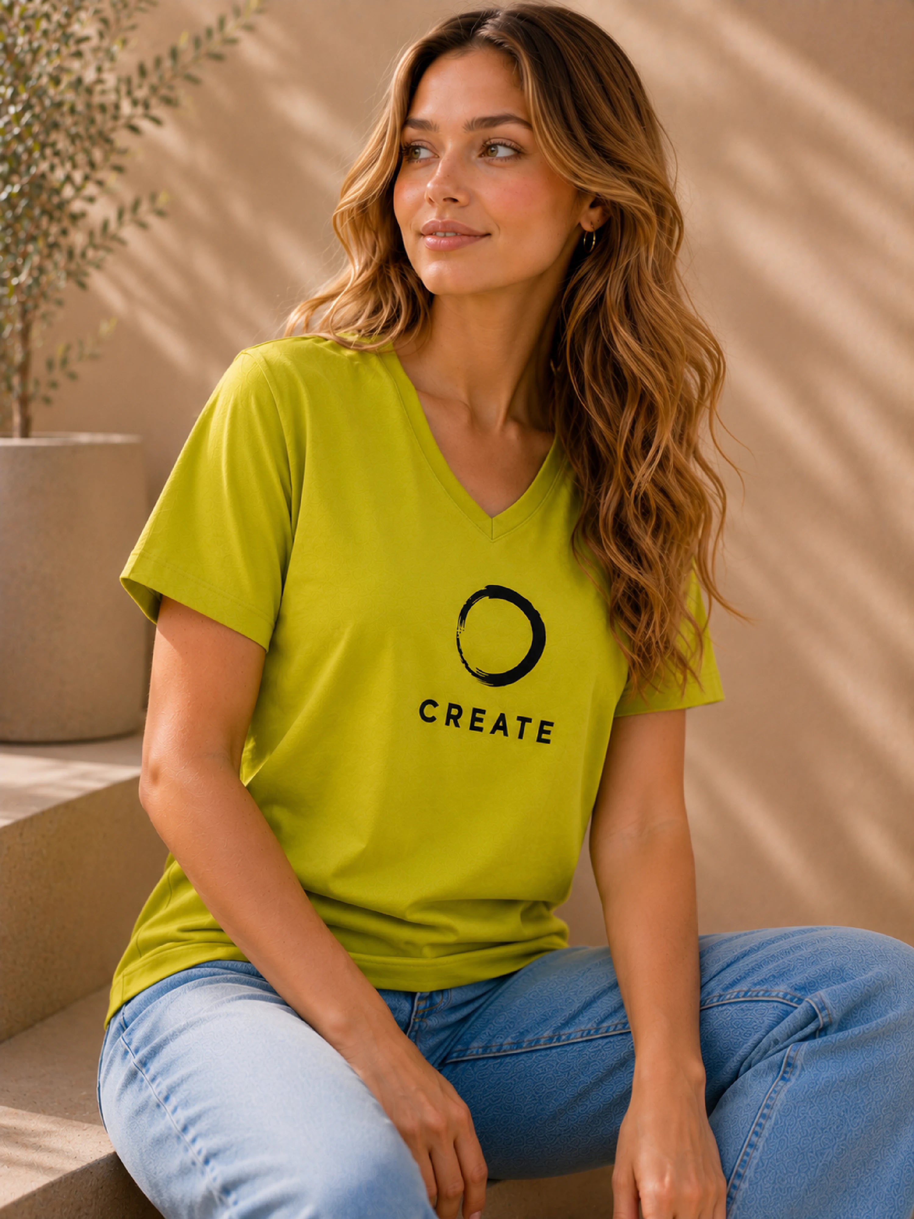 Lime Green V-Neck T-Shirt for Women from Bandar Baant Collections featuring a create graphic design