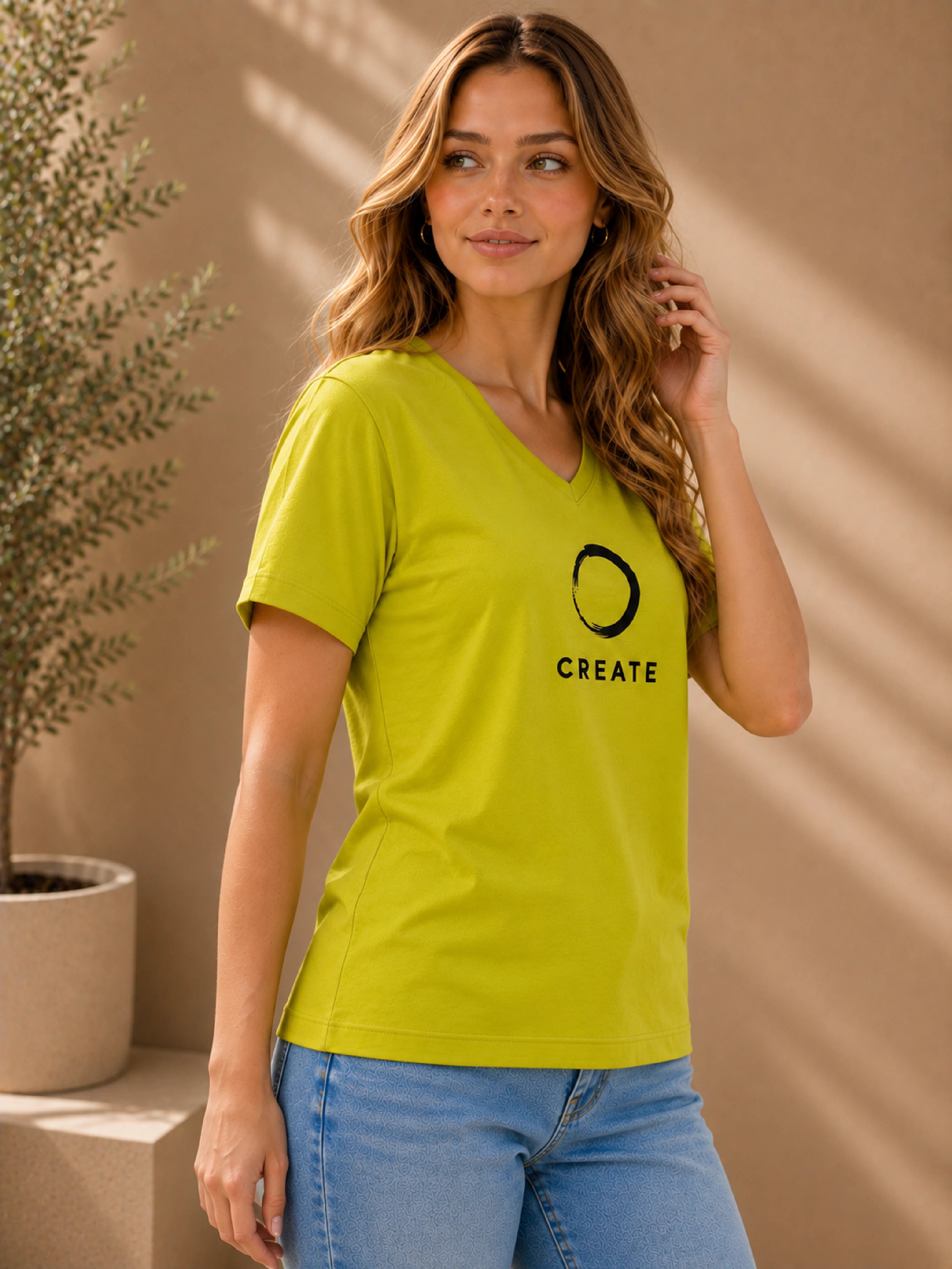 Lime Green V-Neck T-Shirt for Women from Bandar Baant Collections with Create Logo and Regular Fit