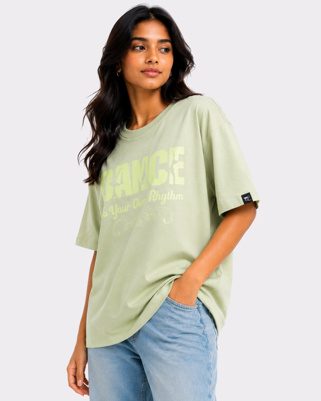 Dance to Your Own Rhythm Oversized T-shirt For Women in light green with relaxed fit by Bandar Baant Collections