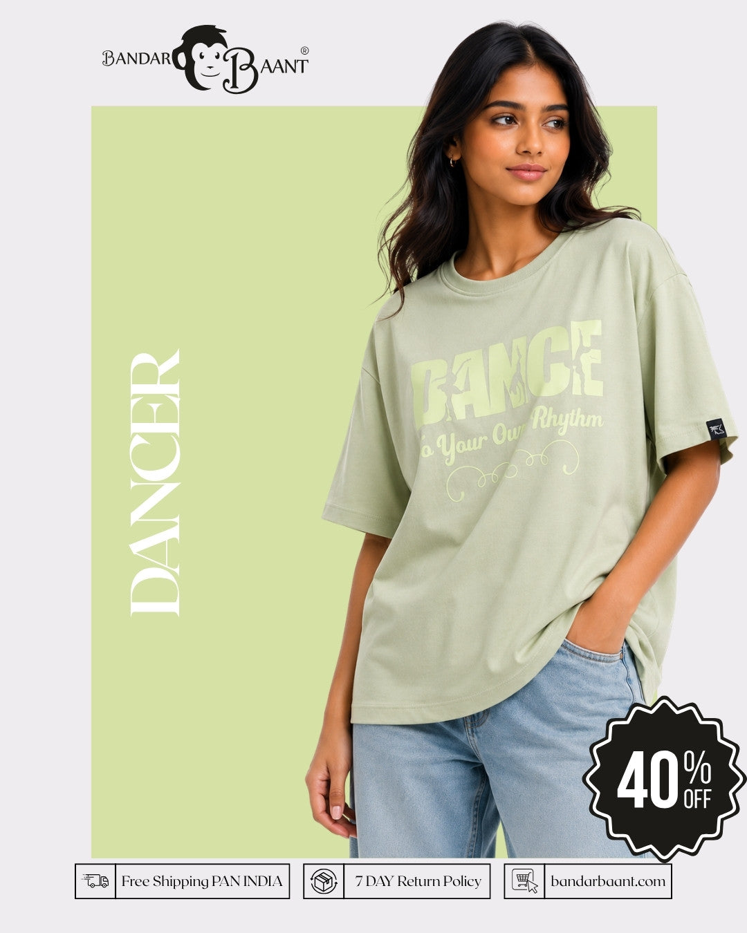 Dance to Your Own Rhythm Oversized T-shirt For Women in light green by Bandar Baant Collections