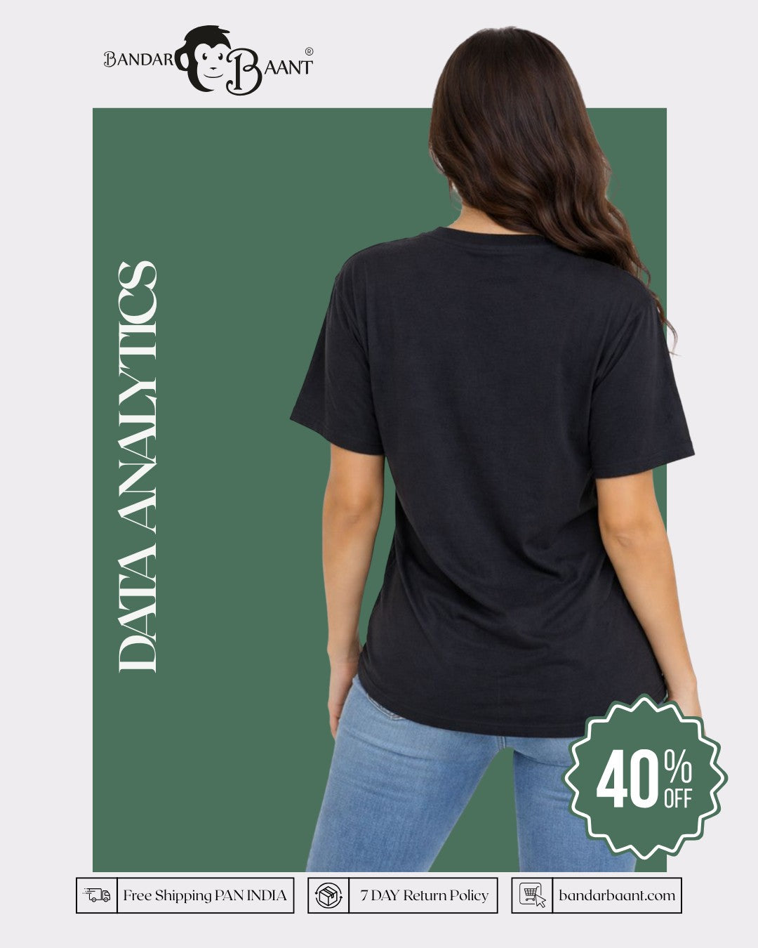 Data Analytics Oversized T-Shirt For Women black fit by Bandar Baant Collections shown from back side