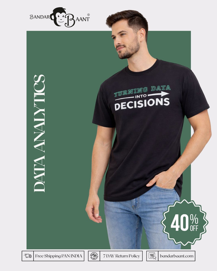 Bandar Baant Collections oversized fit black Data Analytics T-Shirt For Men with turning data into decisions print