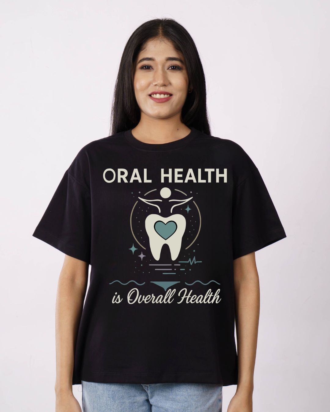 Dentist Funky Tshirt For Women oversized fit black tee with oral health graphic and heart design