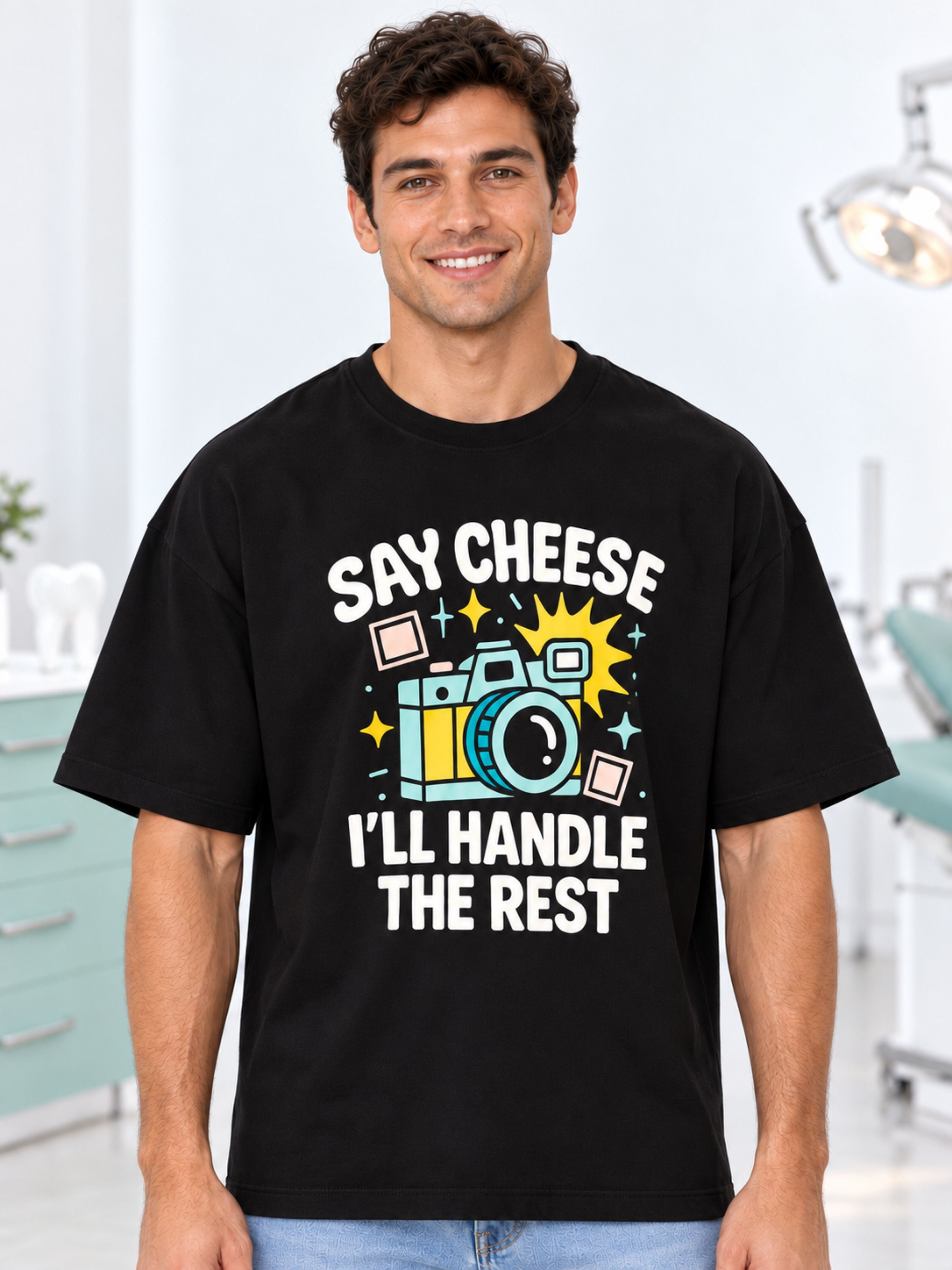 Dentist Quirky T-shirt For Men black oversized fit tee with colorful camera design and Say Cheese text