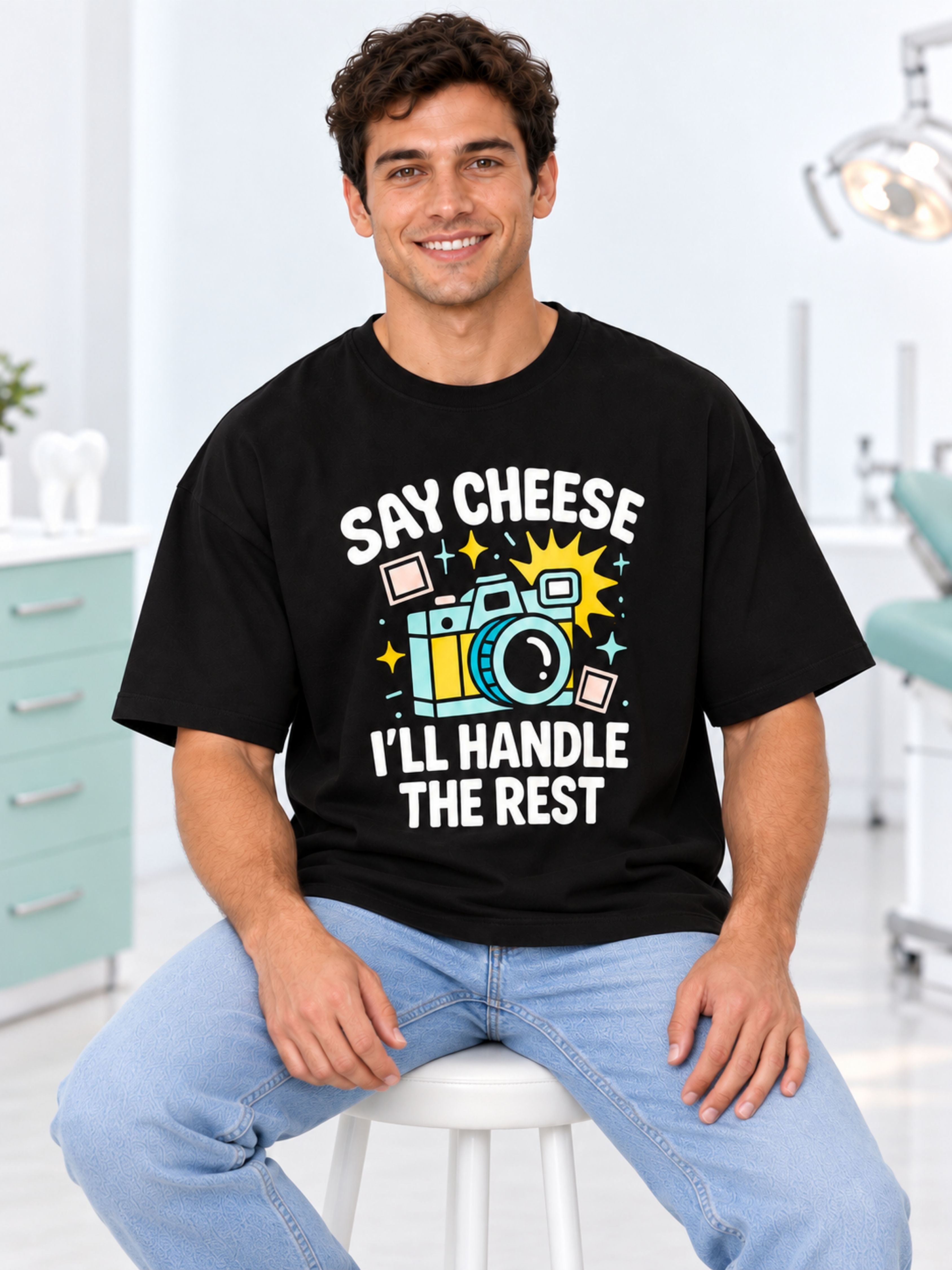 Dentist Quirky T-shirt For Men in oversized fit with camera graphic and Say Cheese slogan