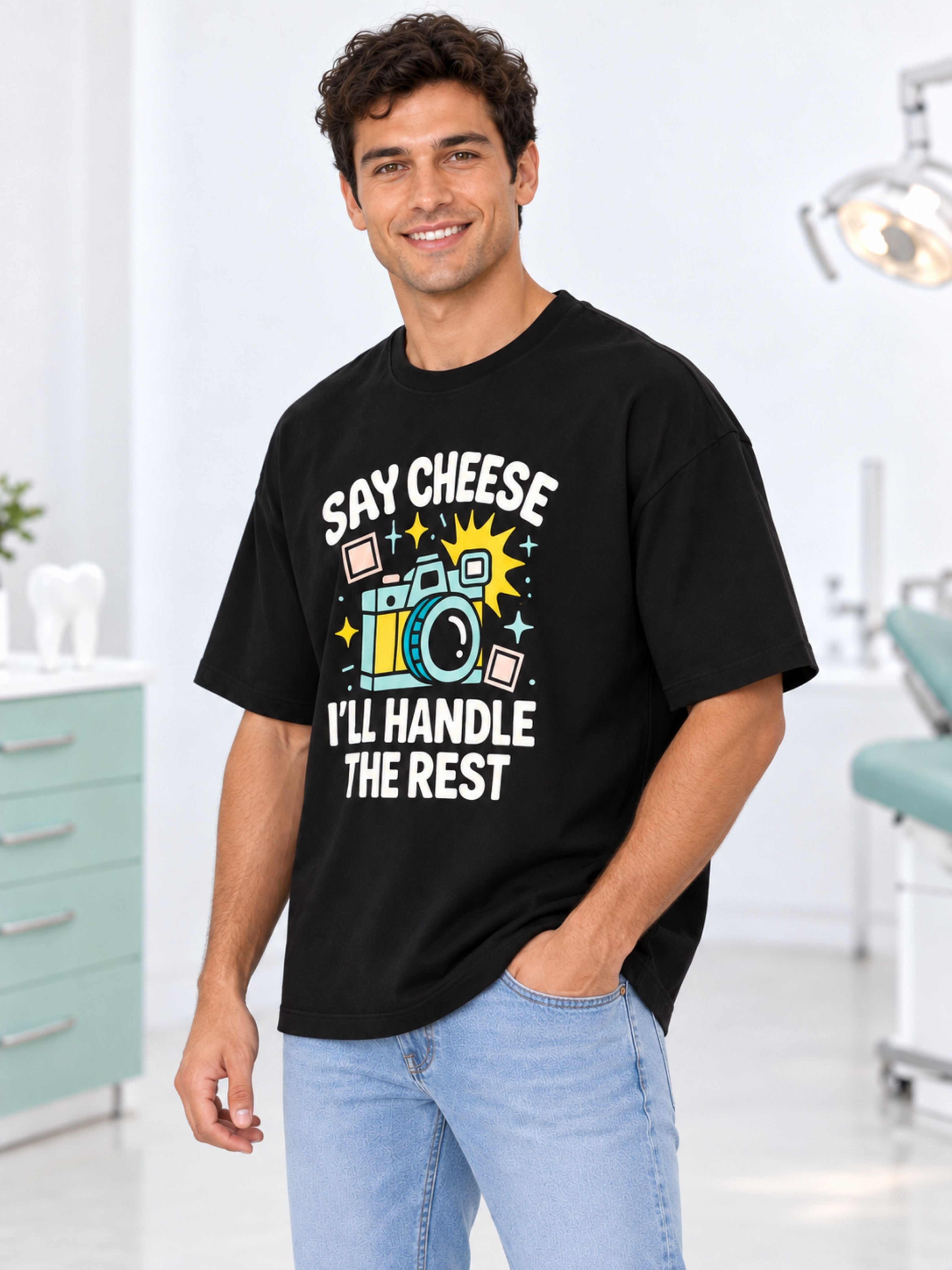 Dentist Quirky T-shirt For Men oversized fit black tshirt with Say Cheese camera graphic and text