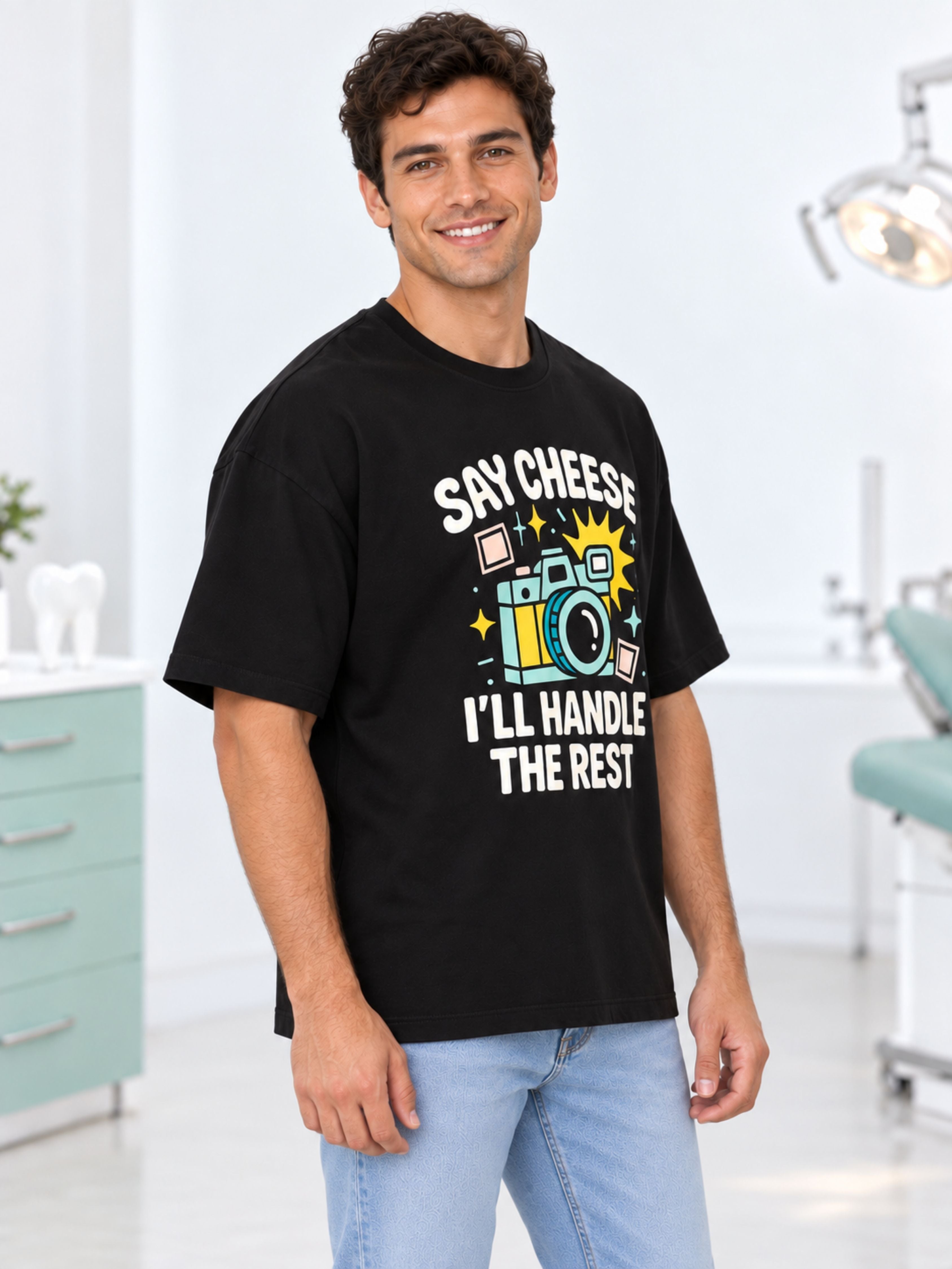 Dentist Quirky T-shirt For Men oversized fit black tee with Say Cheese camera graphic