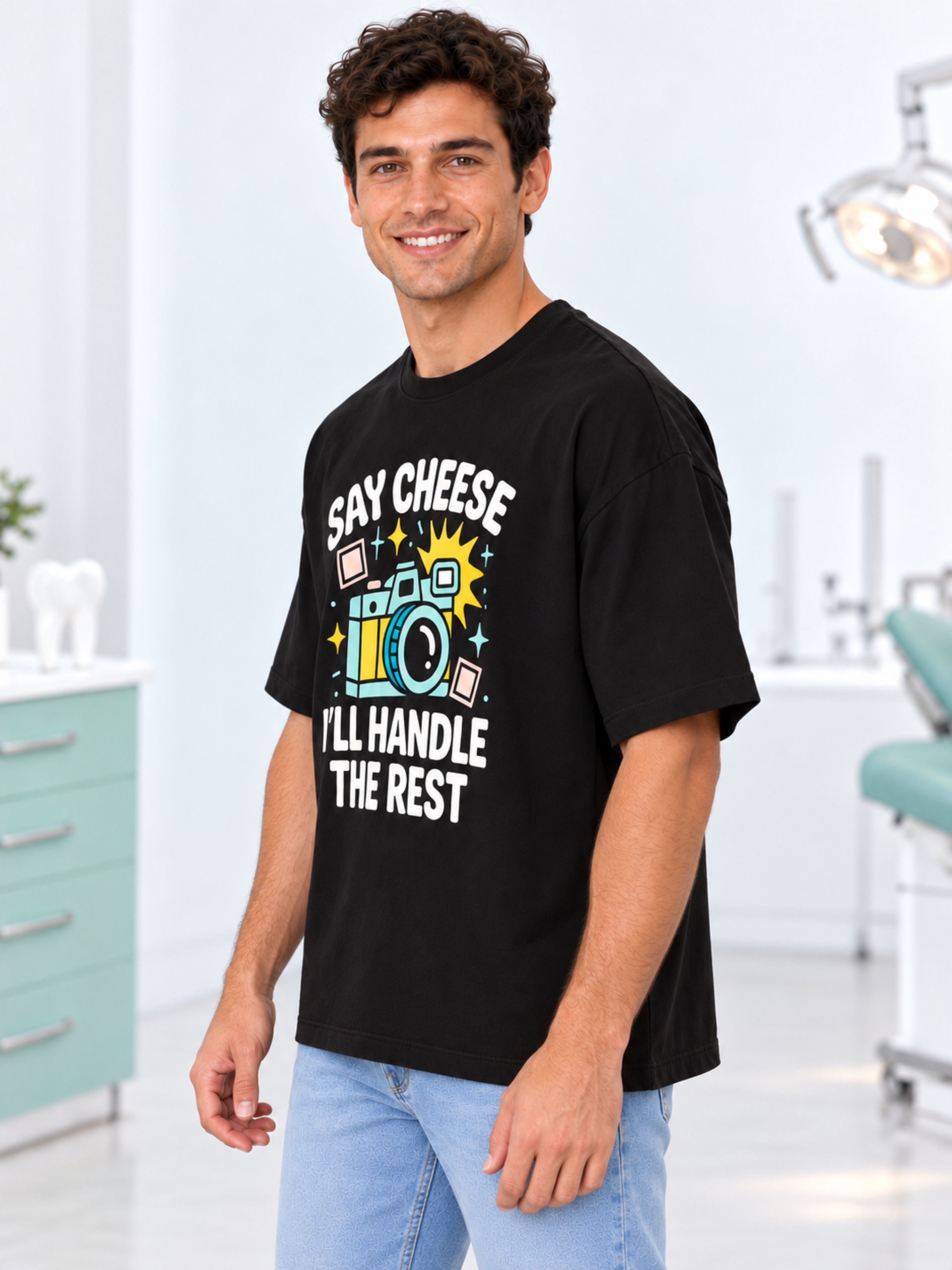 Dentist Quirky T-shirt For Men oversized fit black tshirt with camera graphic and Say Cheese text