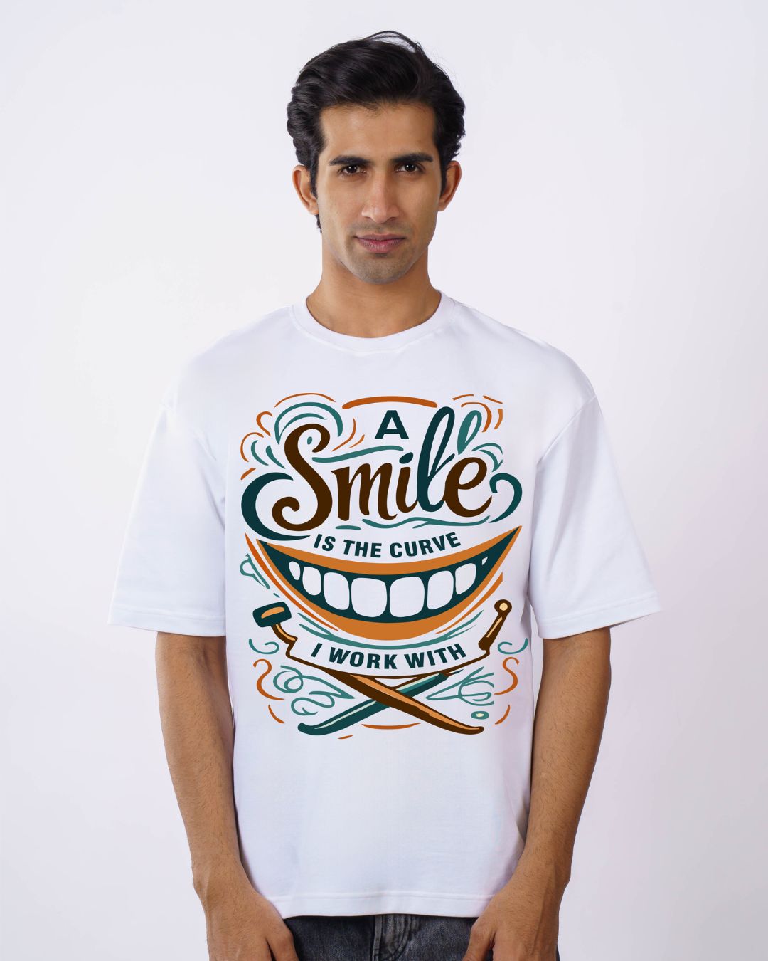 Dentist Quote Tshirt For Men oversized fit white tshirt with smile graphic and dental tools design