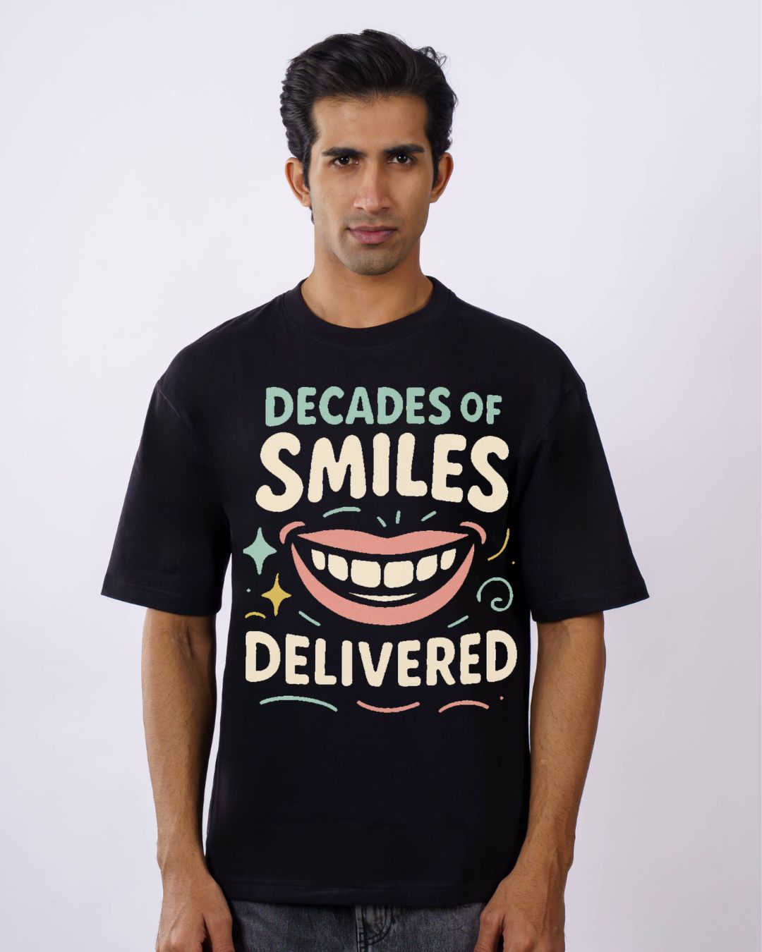 Bandar Baant Collections oversized fit black Tshirt with Decades of Smiles Delivered graphic Dentist Trendy T-shirt For Men
