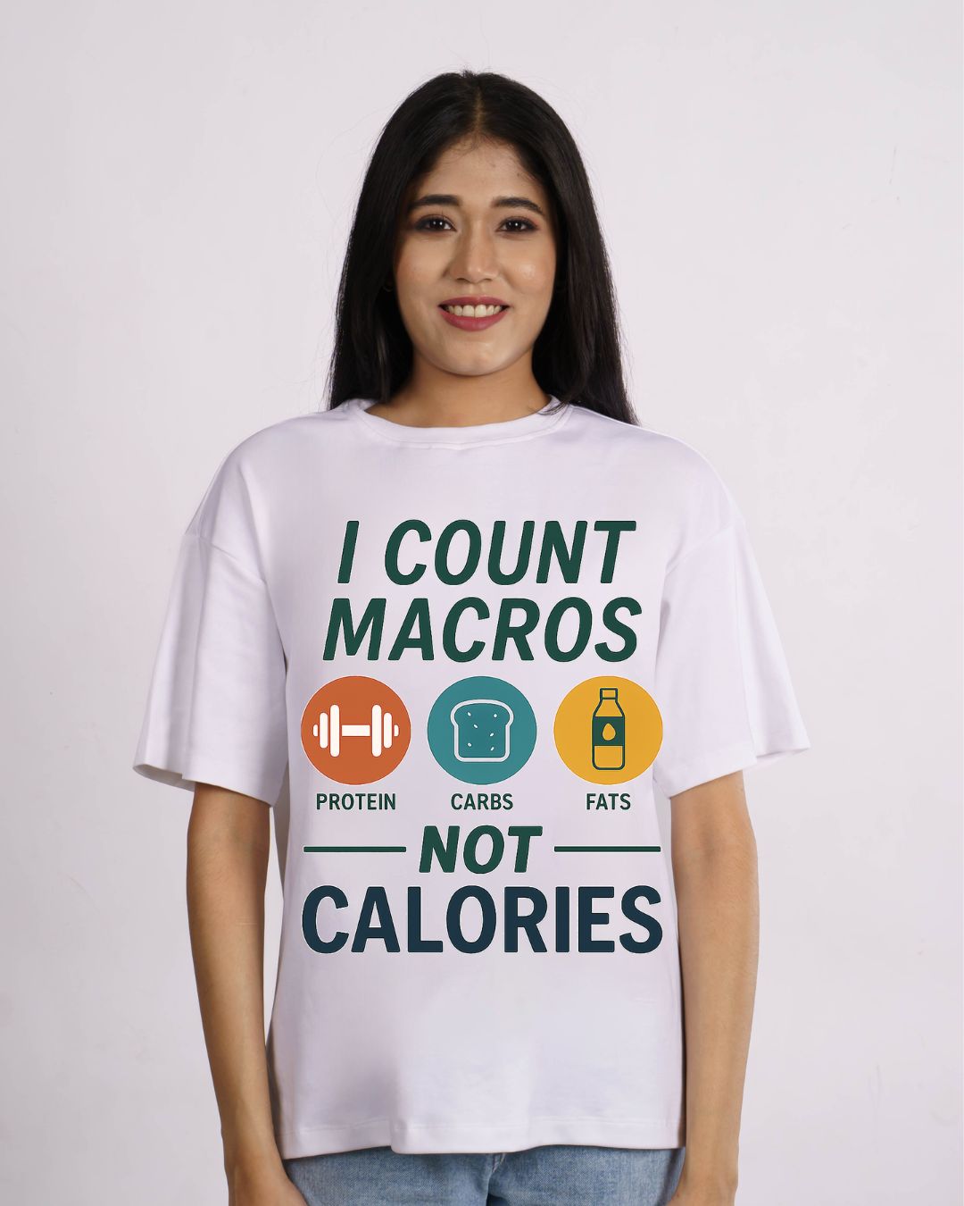 Dietician Quote Tshirt For Women oversized fit white tshirt with I count macros printed design