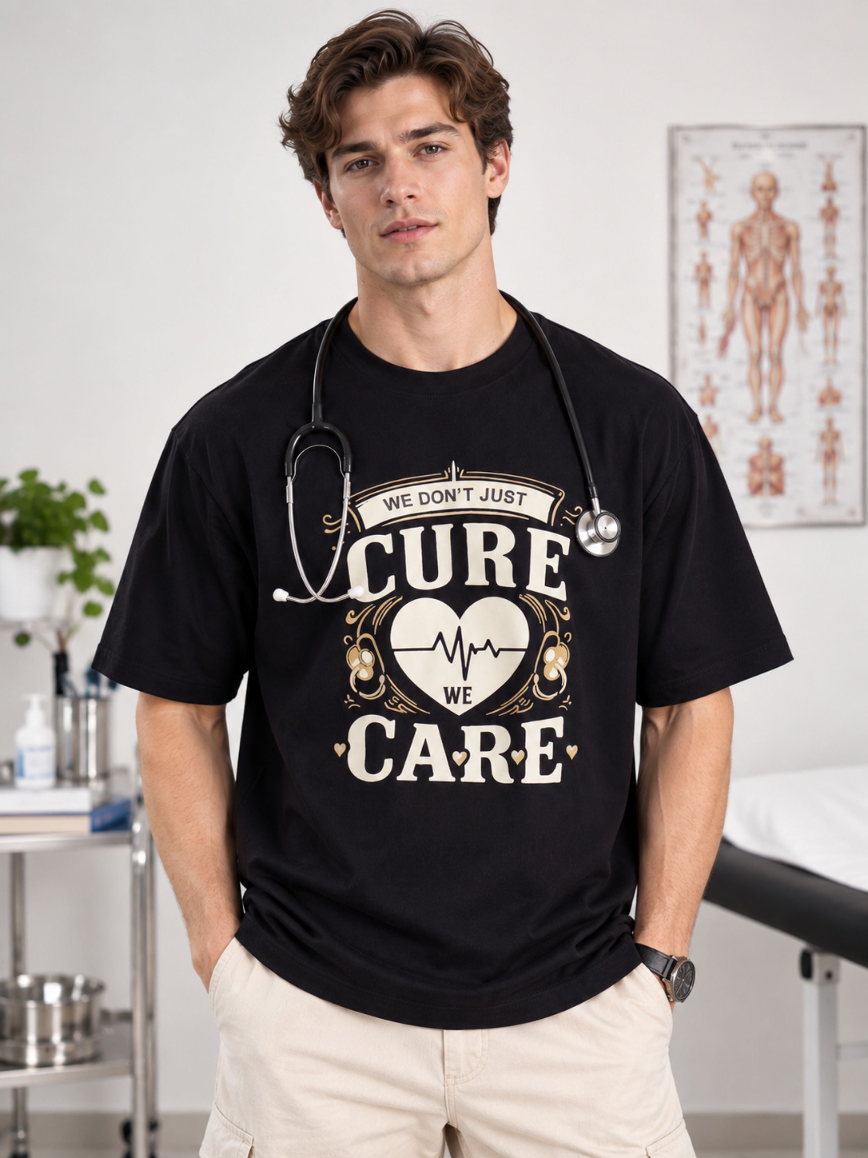 Bandar Baant Collections oversized fit Doctor Printed Tshirt For Men in black with cure and care design