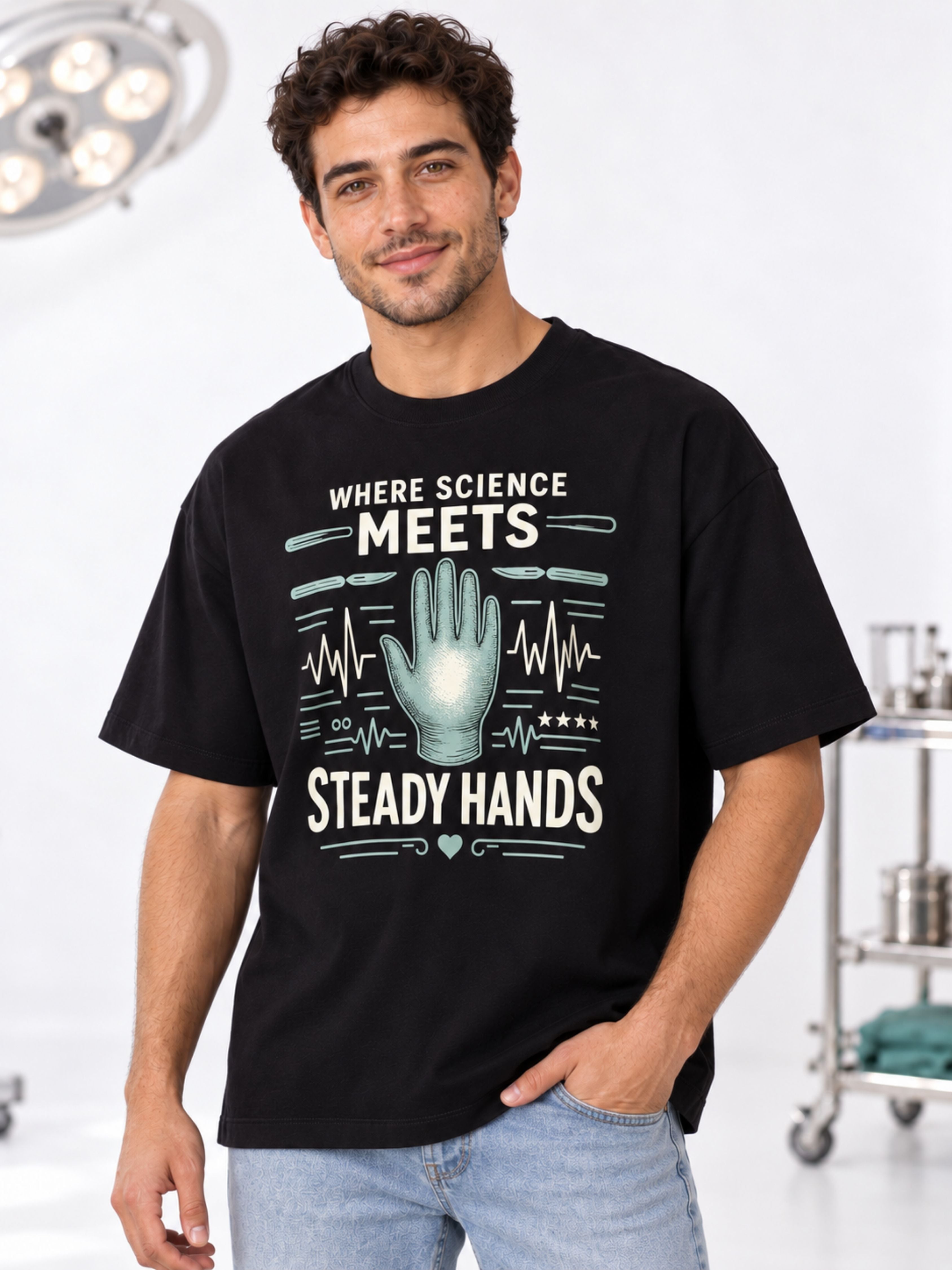 Black oversized fit Doctor Quote Tshirt For Men with science and steady hands design