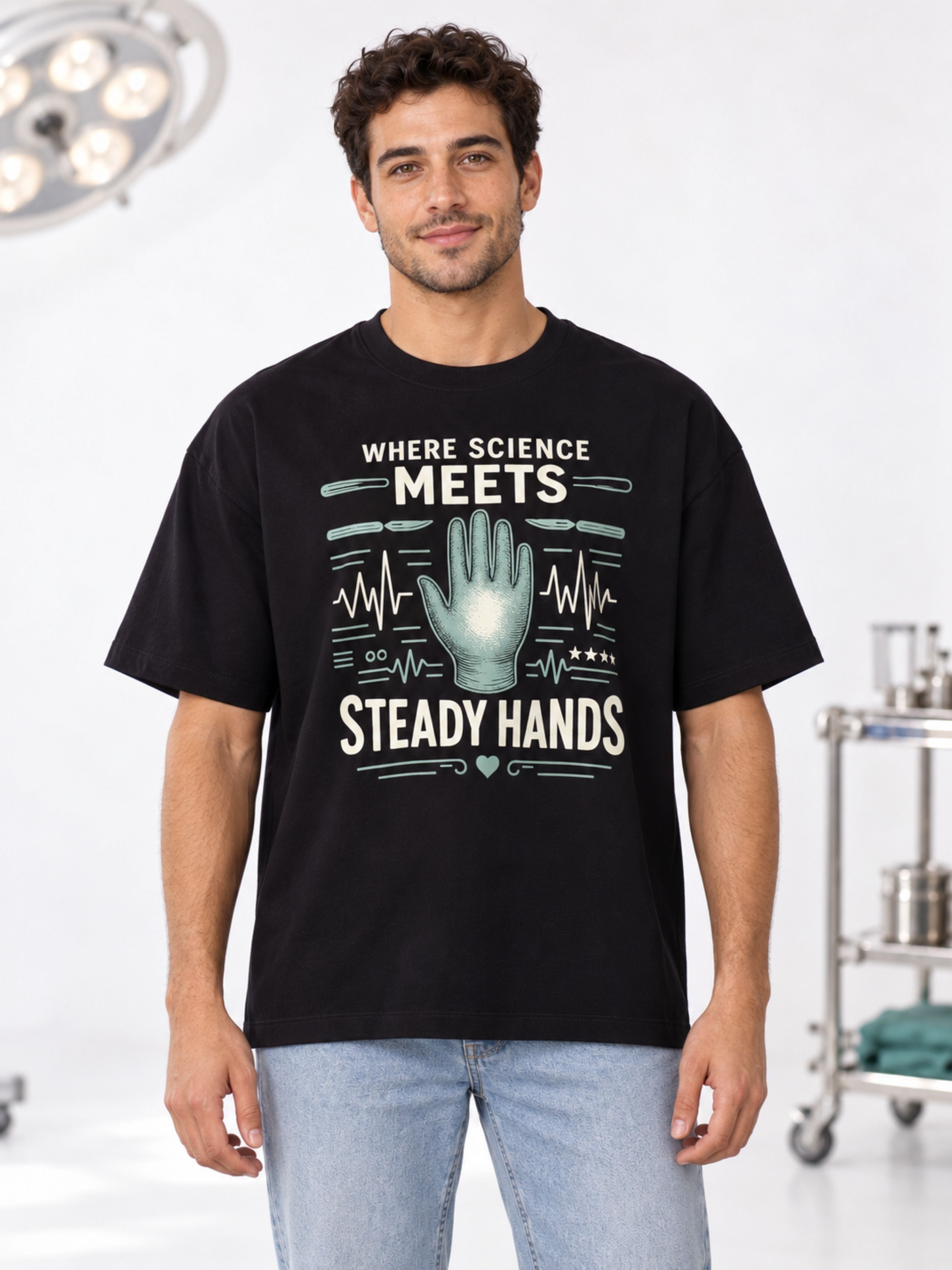 Black oversized fit Doctor Quote Tshirt For Men with science and steady hands graphic