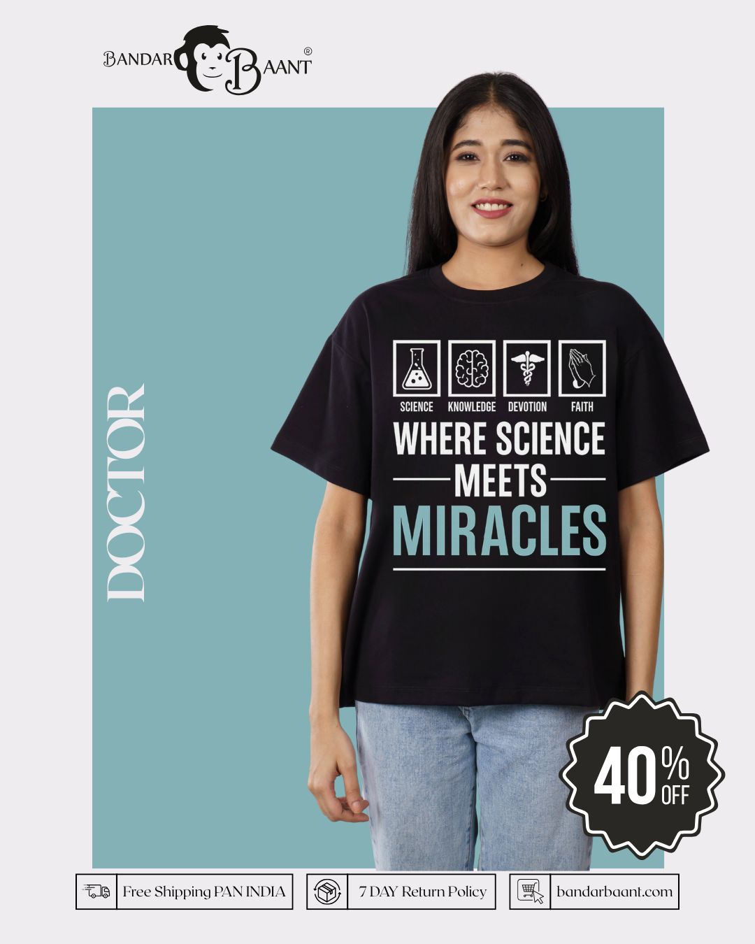 Doctor Trendy Tshirt For Women oversized fit black tshirt with science miracles text by Bandar Baant Collections