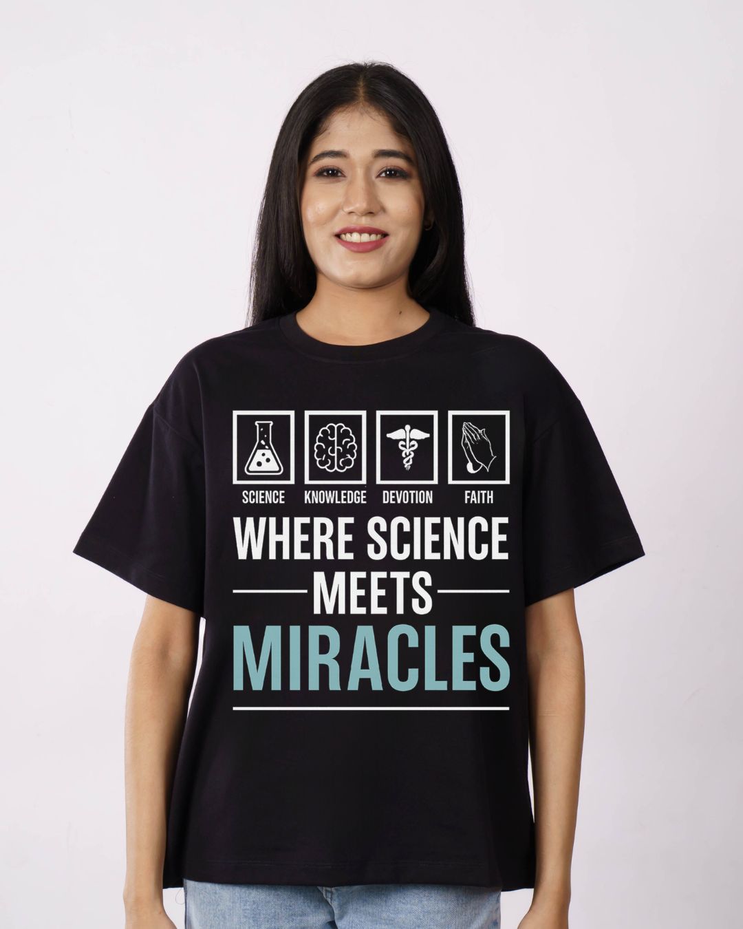 Woman wearing Bandar Baant Collections oversized fit black Doctor Trendy Tshirt For Women with science and miracles graphic