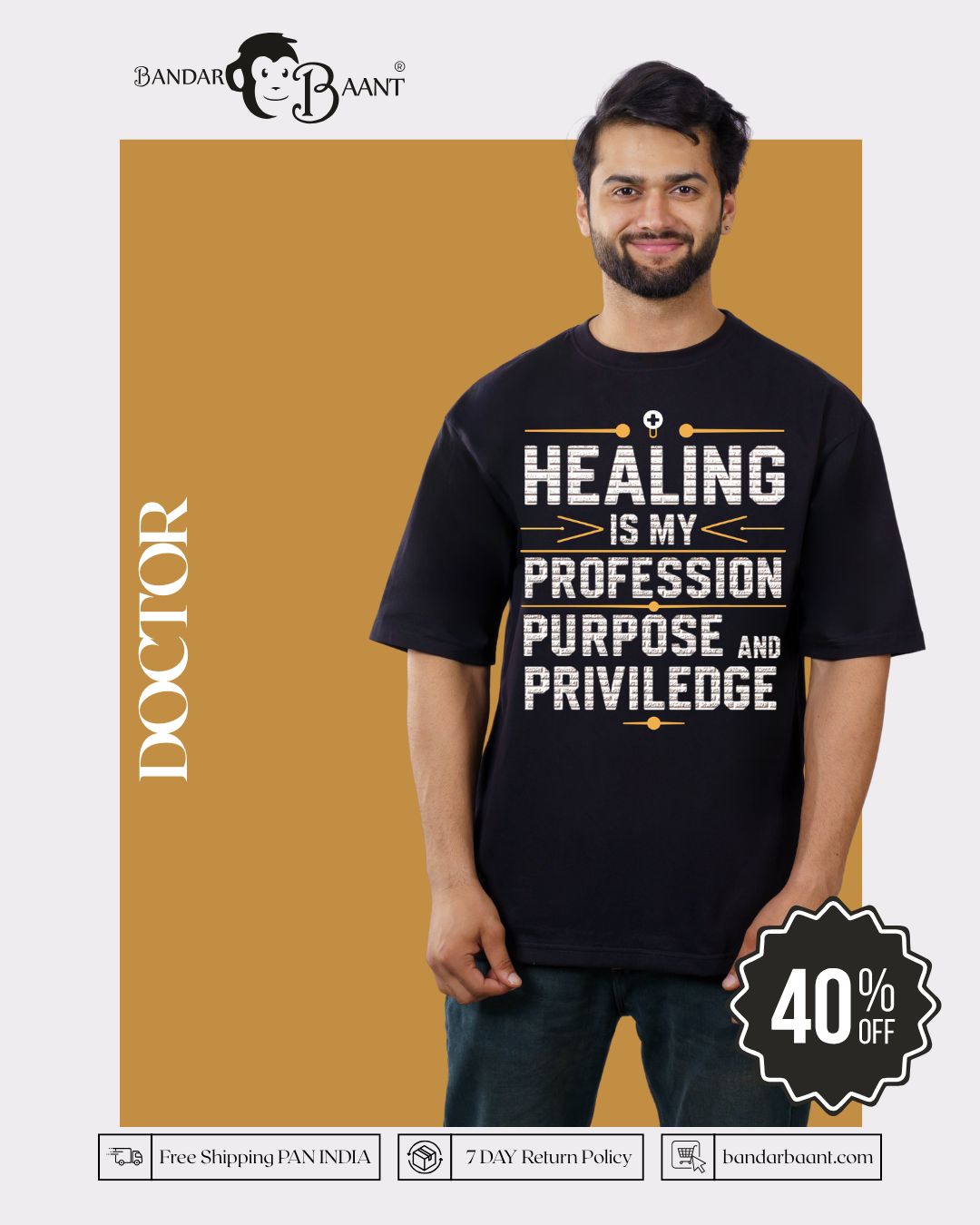 Bandar Baant oversized fit Doctor Tshirt For Men in black with healing profession print