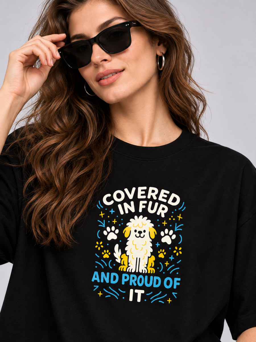 Black oversized fit Dog Lover Tshirt for Women with cartoon dog and covered in fur design