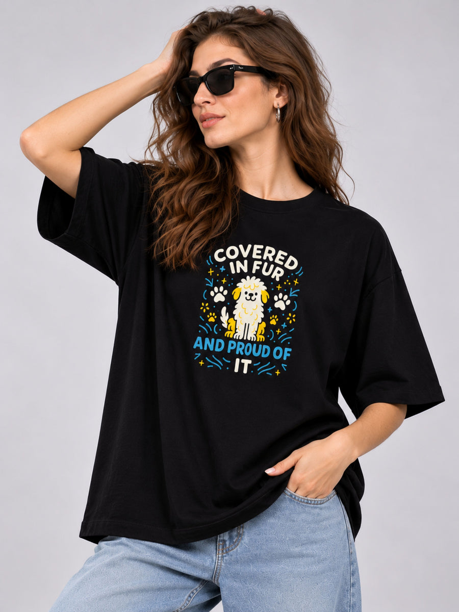 Oversized fit Dog Lover Tshirt for Women in black with a dog and paws graphic design