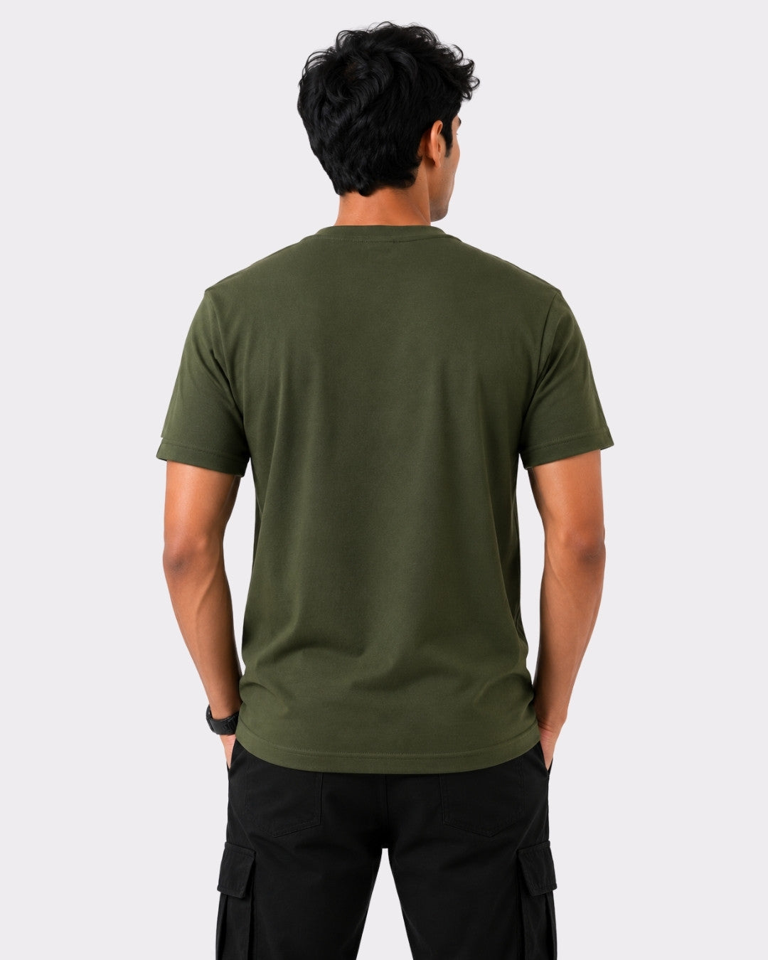 Back view of a man wearing an olive green Dominate T-Shirt For Men regular fit by Bandar Baant Collections