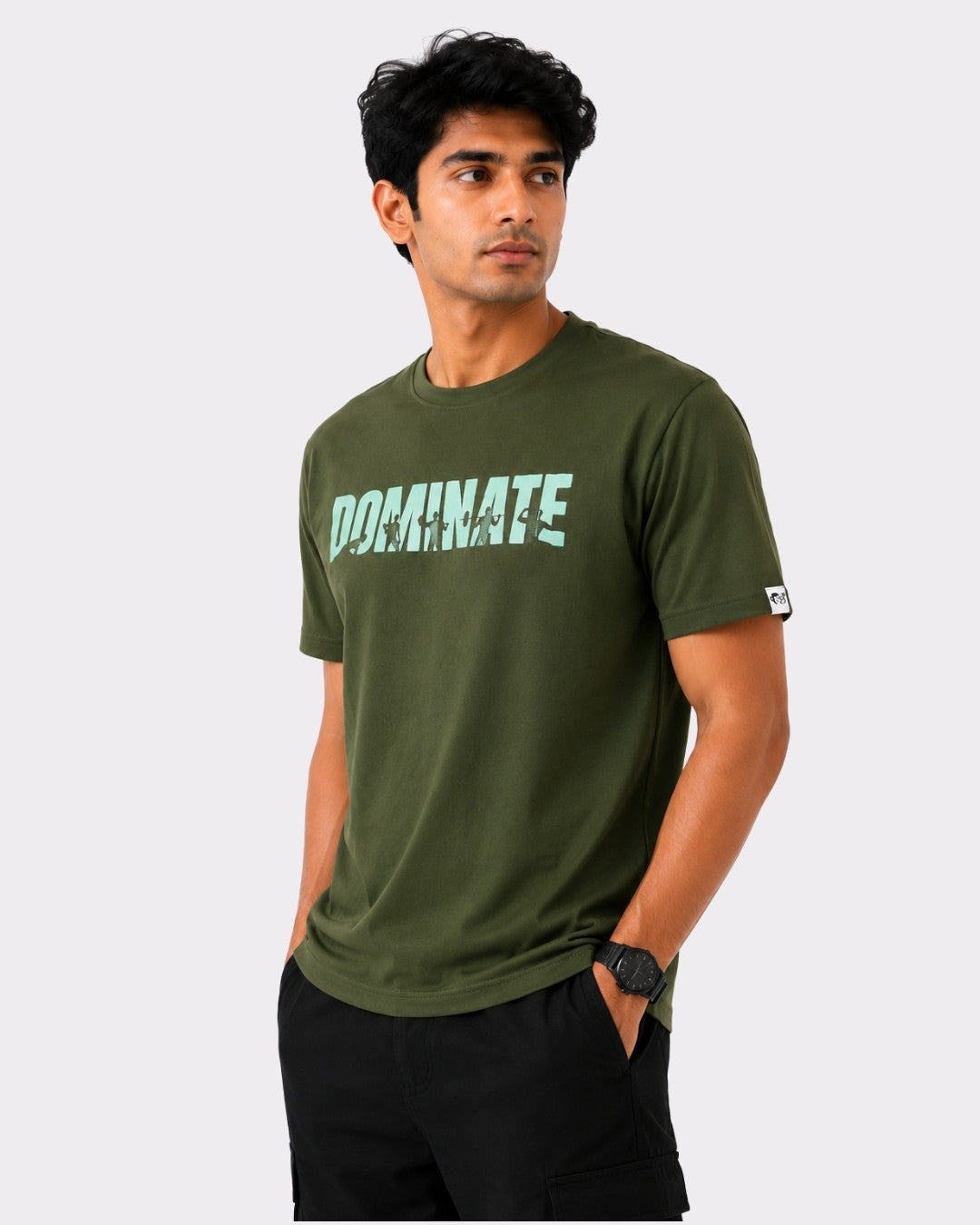 Bandar Baant Collections Regular Fit Dominate T-Shirt For Men in olive green with bold lettering