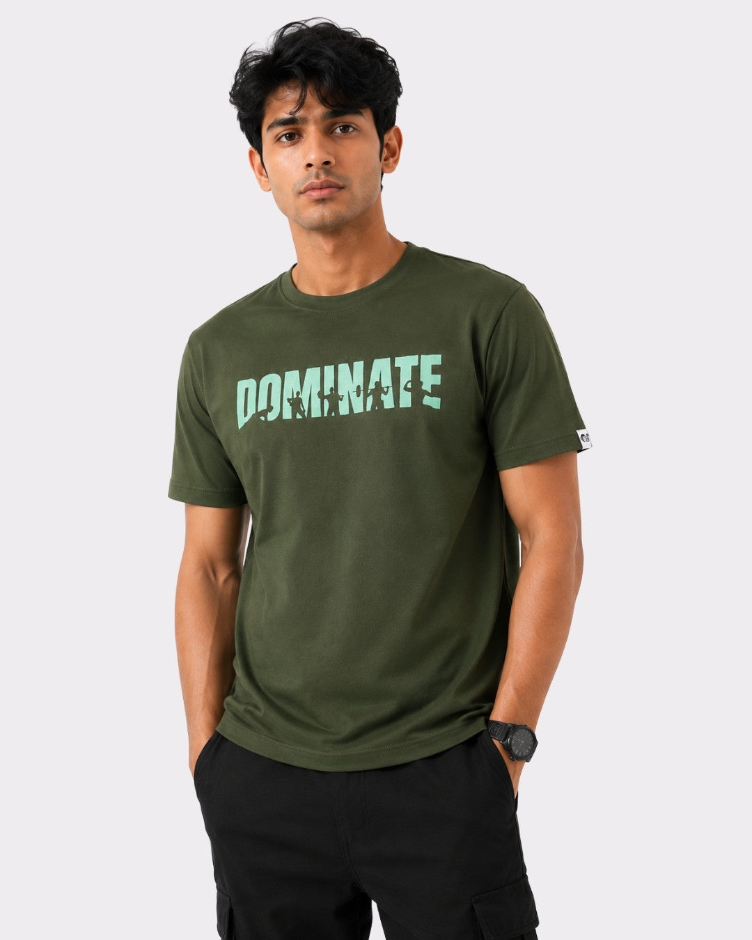 Bandar Baant Collections Regular Fit Dominate T-Shirt For Men in olive green with bold graphic text