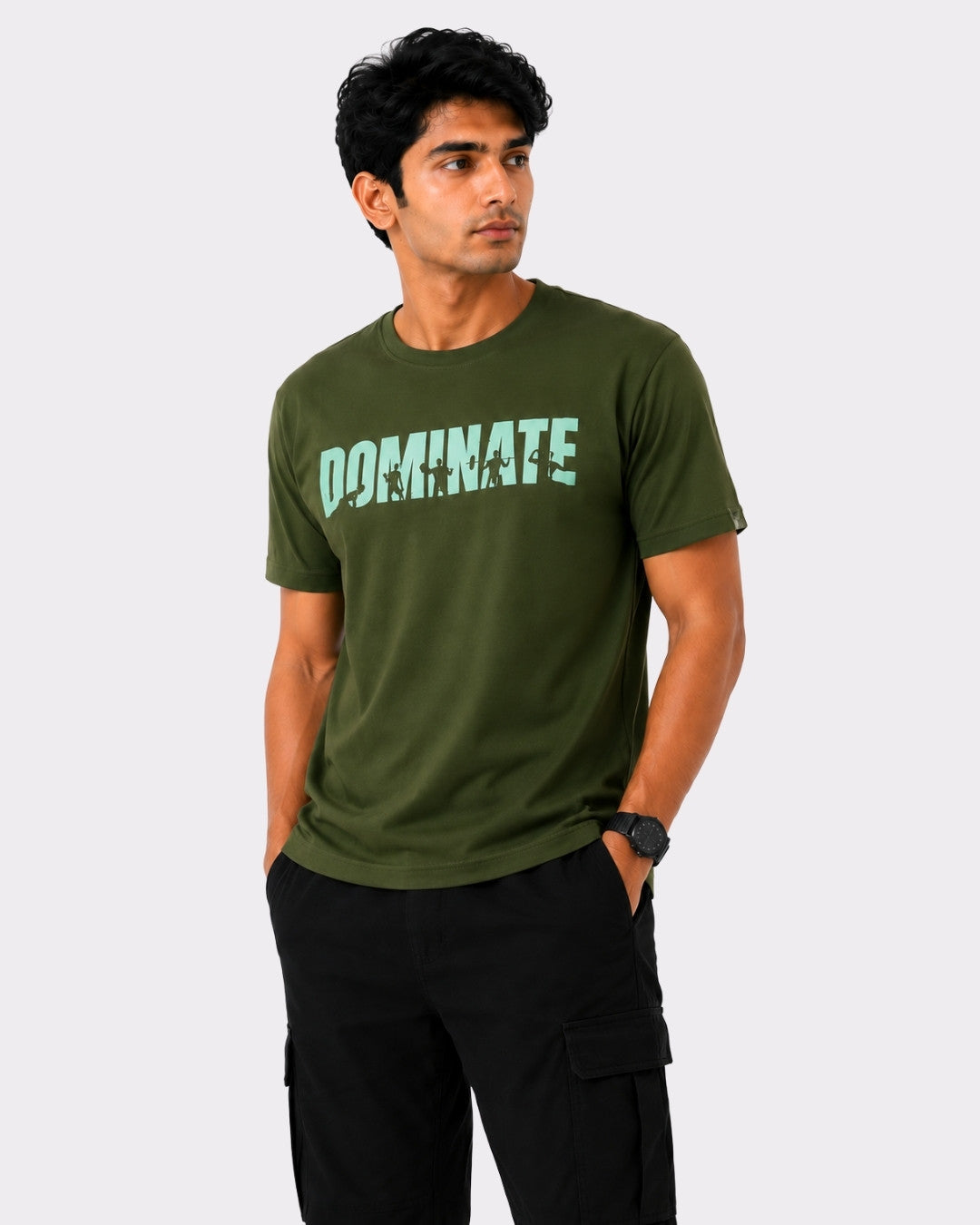 Bandar Baant Collections Dominate T-Shirt For Men in olive green regular fit with bold lettering
