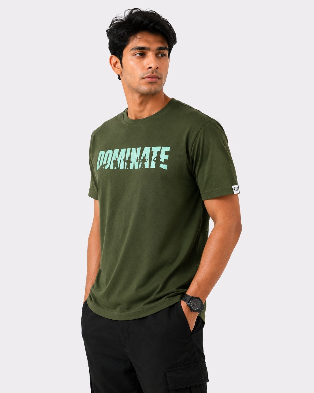 Regular Fit Dominate T-Shirt For Men in olive green with bold text front by Bandar Baant Collections
