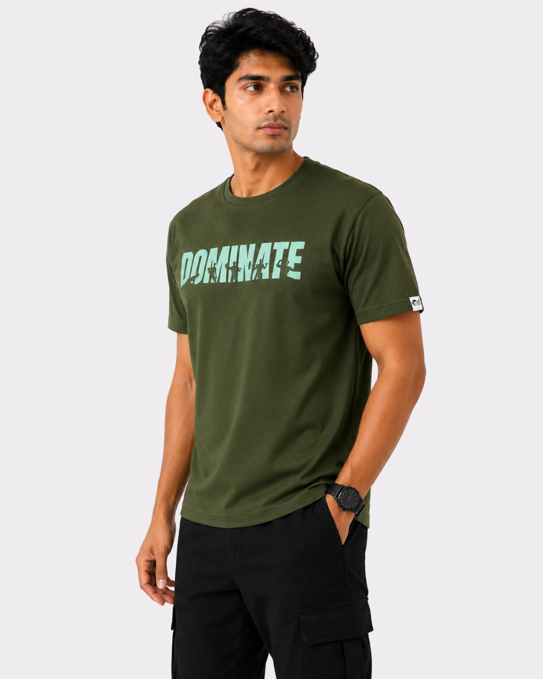 Dominate T-Shirt For Men by Bandar Baant Collections in olive green regular fit with bold front print
