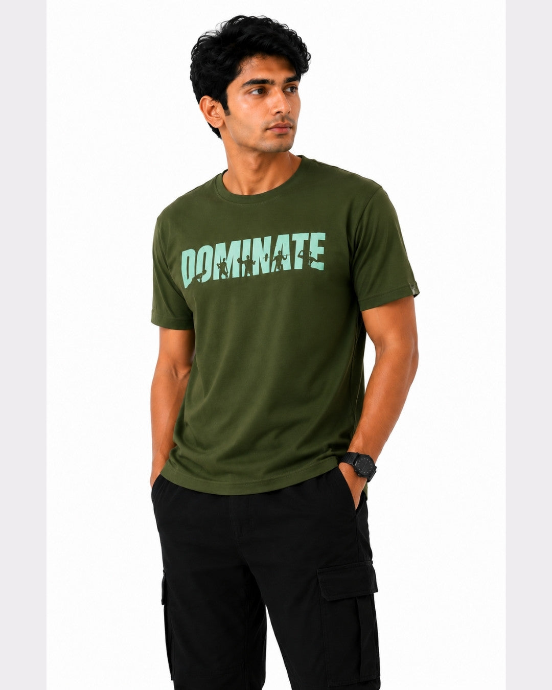 Bandar Baant Collections Dominate T-Shirt For Men in olive green with regular fit and bold graphic text