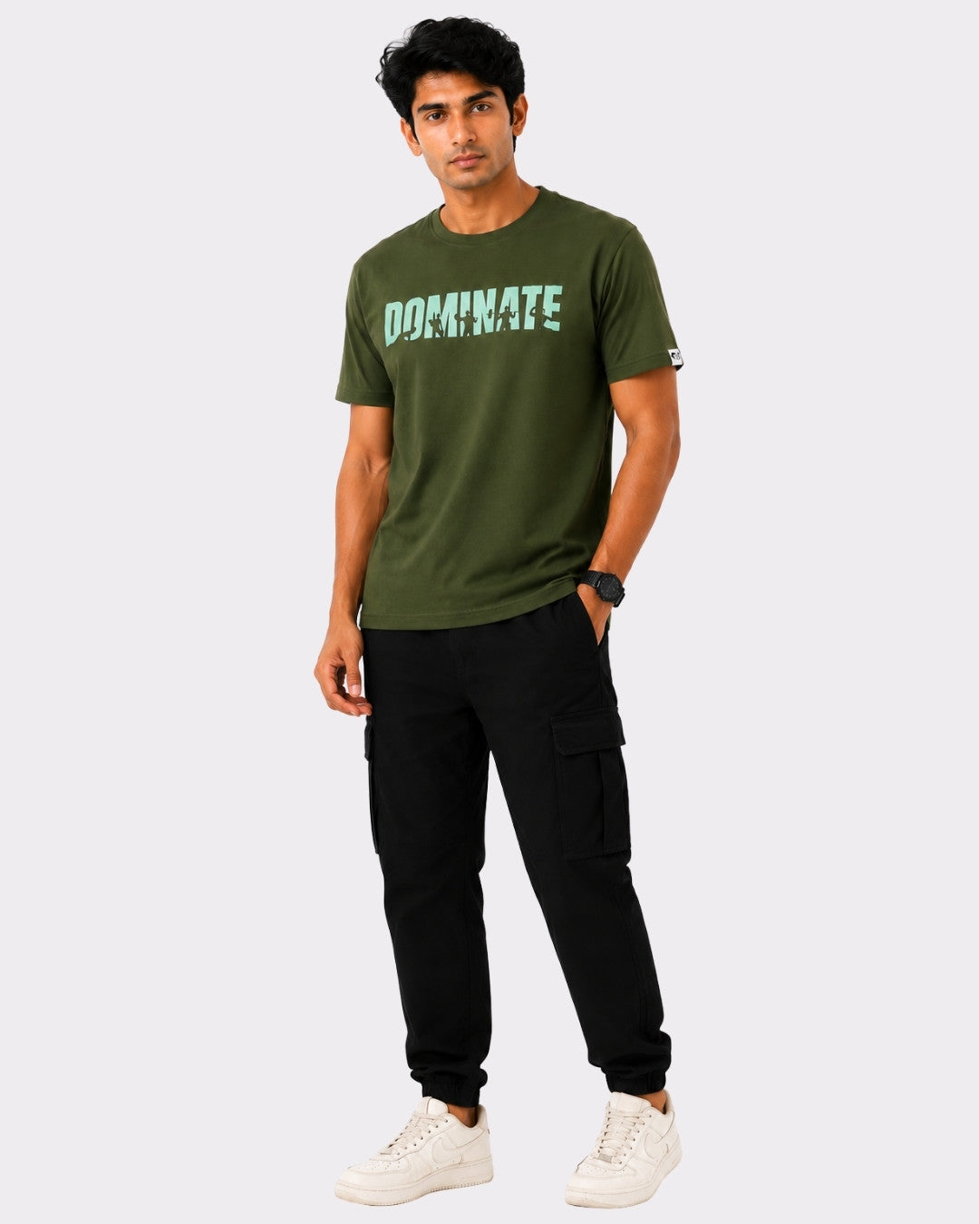 Bandar Baant Collections Dominate T-Shirt For Men in olive green with regular fit worn with black cargo pants