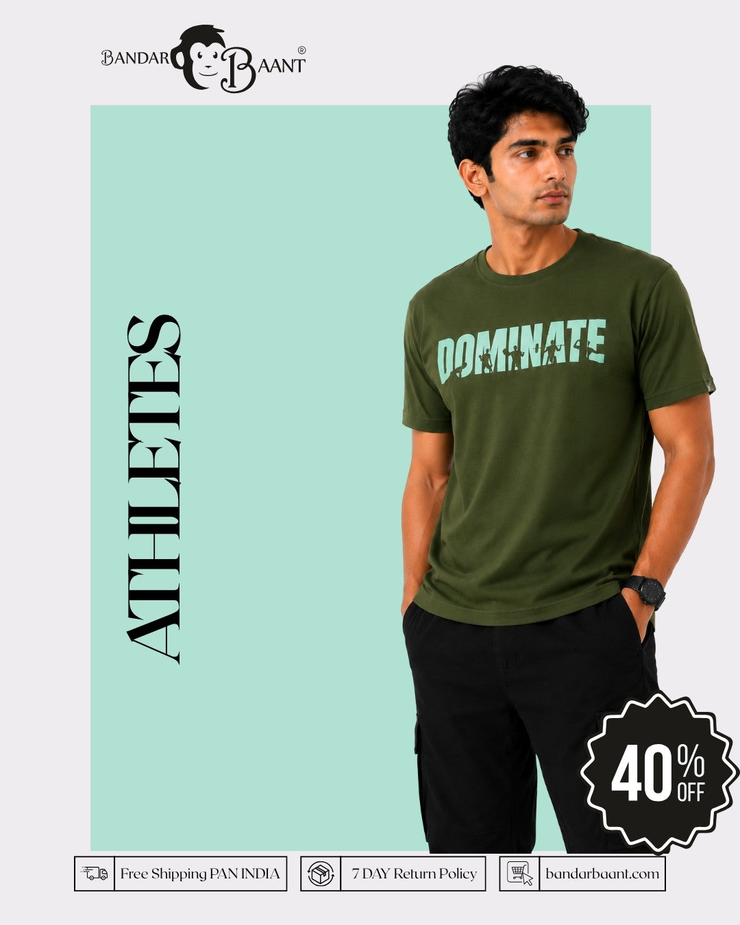Bandar Baant Collections Dominate T-Shirt For Men in olive green regular fit with bold graphic text