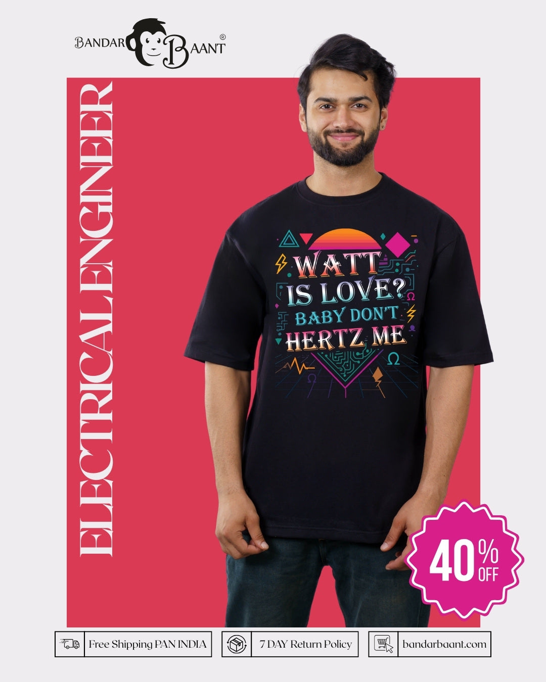 Electrical Engineer Funky Tshirt For Men oversized fit black tshirt with colorful watt and hertz graphic