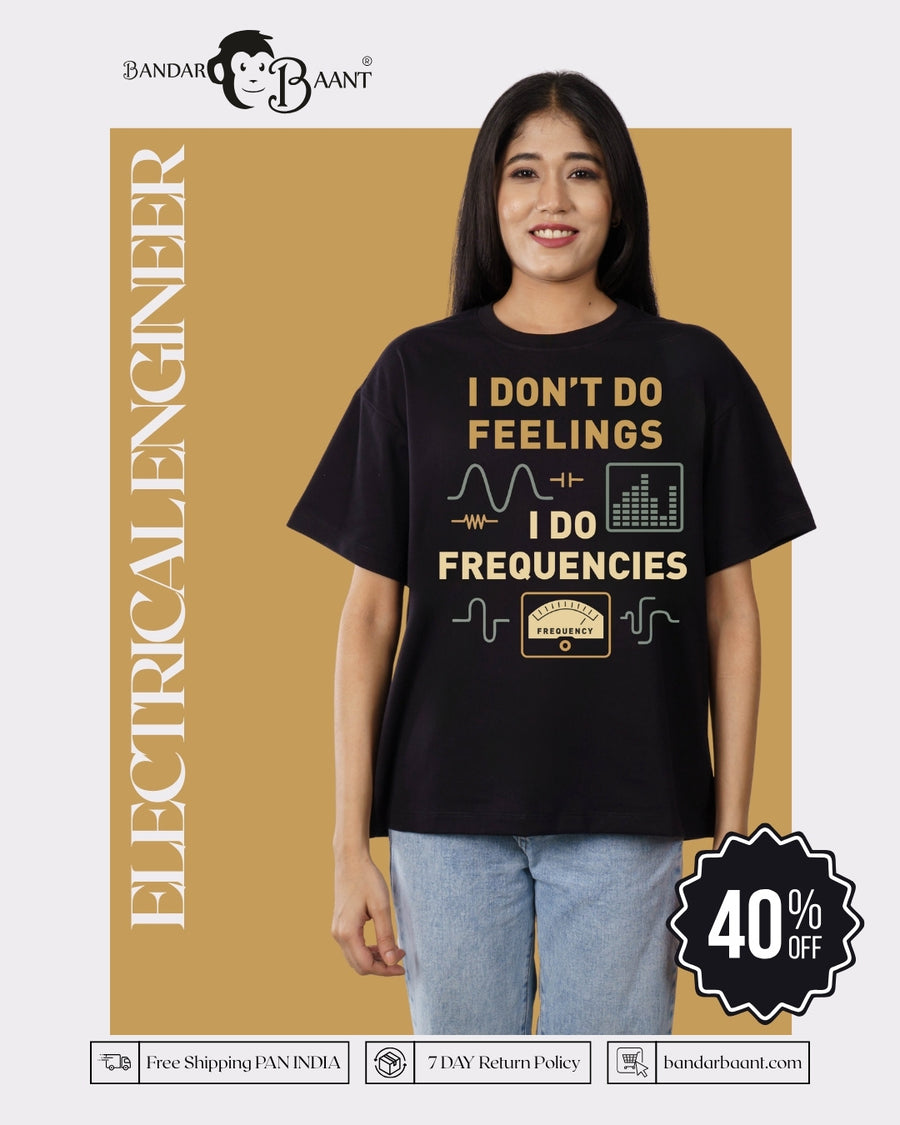 Electrical Engineer Oversized Tshirt For Women in black with graphic design worn by a smiling woman