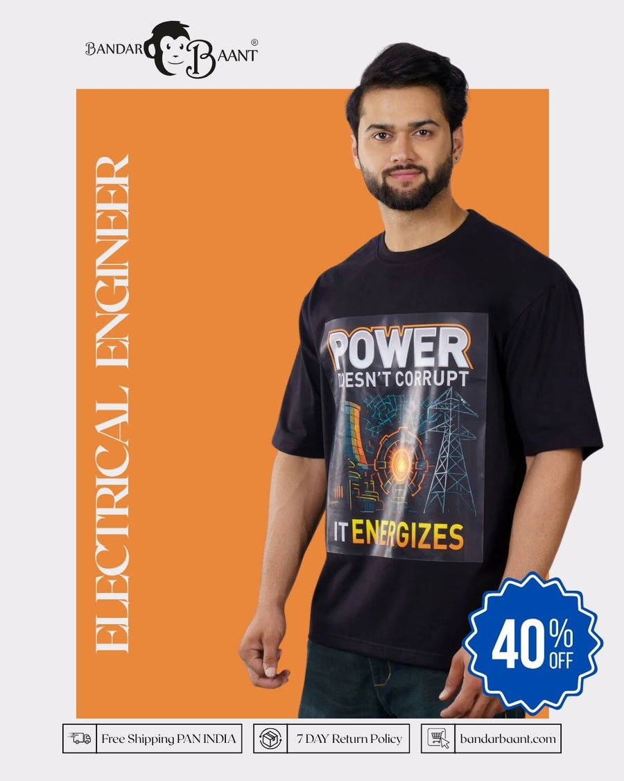 Electrical Engineer T-Shirt For Men oversized fit black tee with power design by Bandar Baant Collections