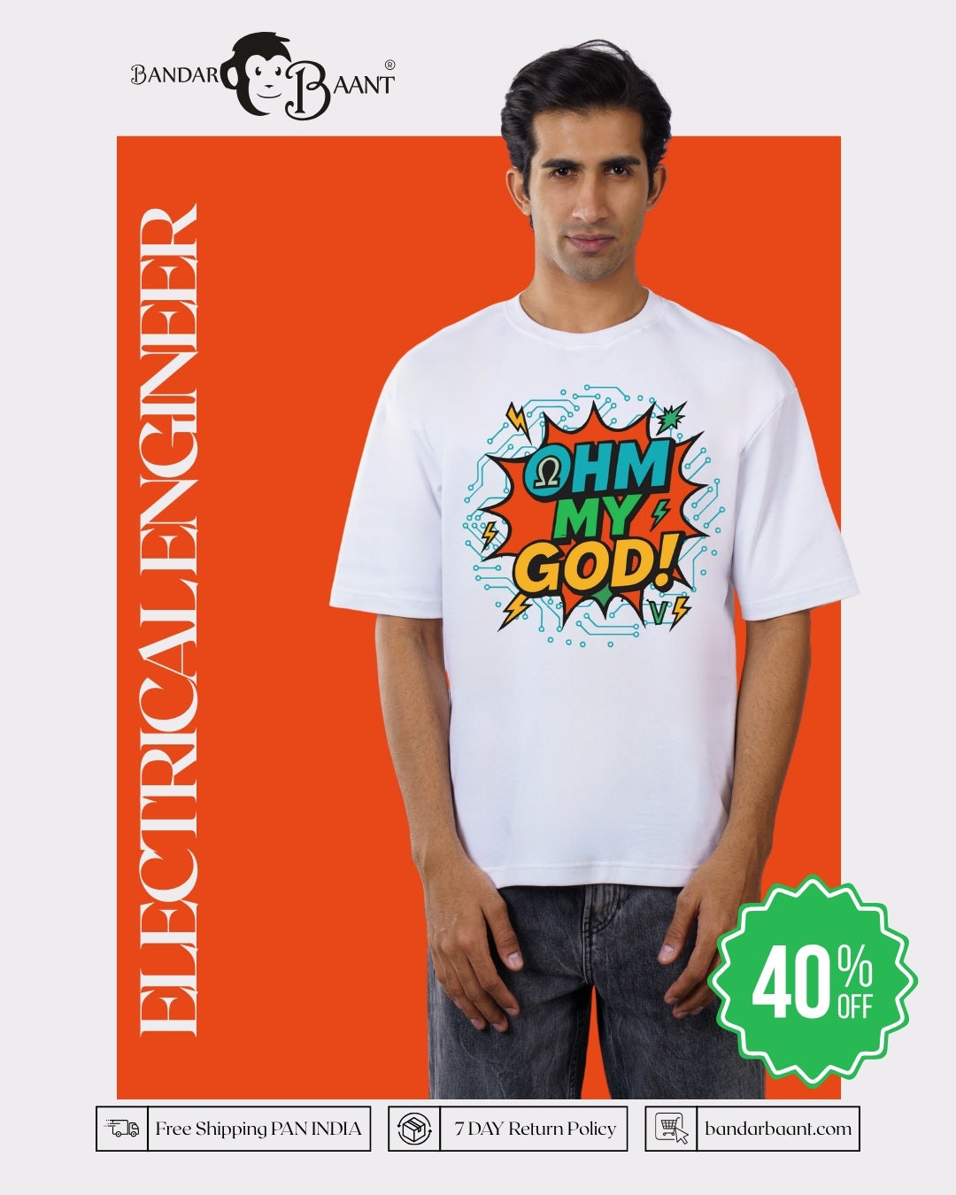 Electrical Engineer Trendy T-shirt For Men oversized fit white tshirt with colorful OHM MY GOD design