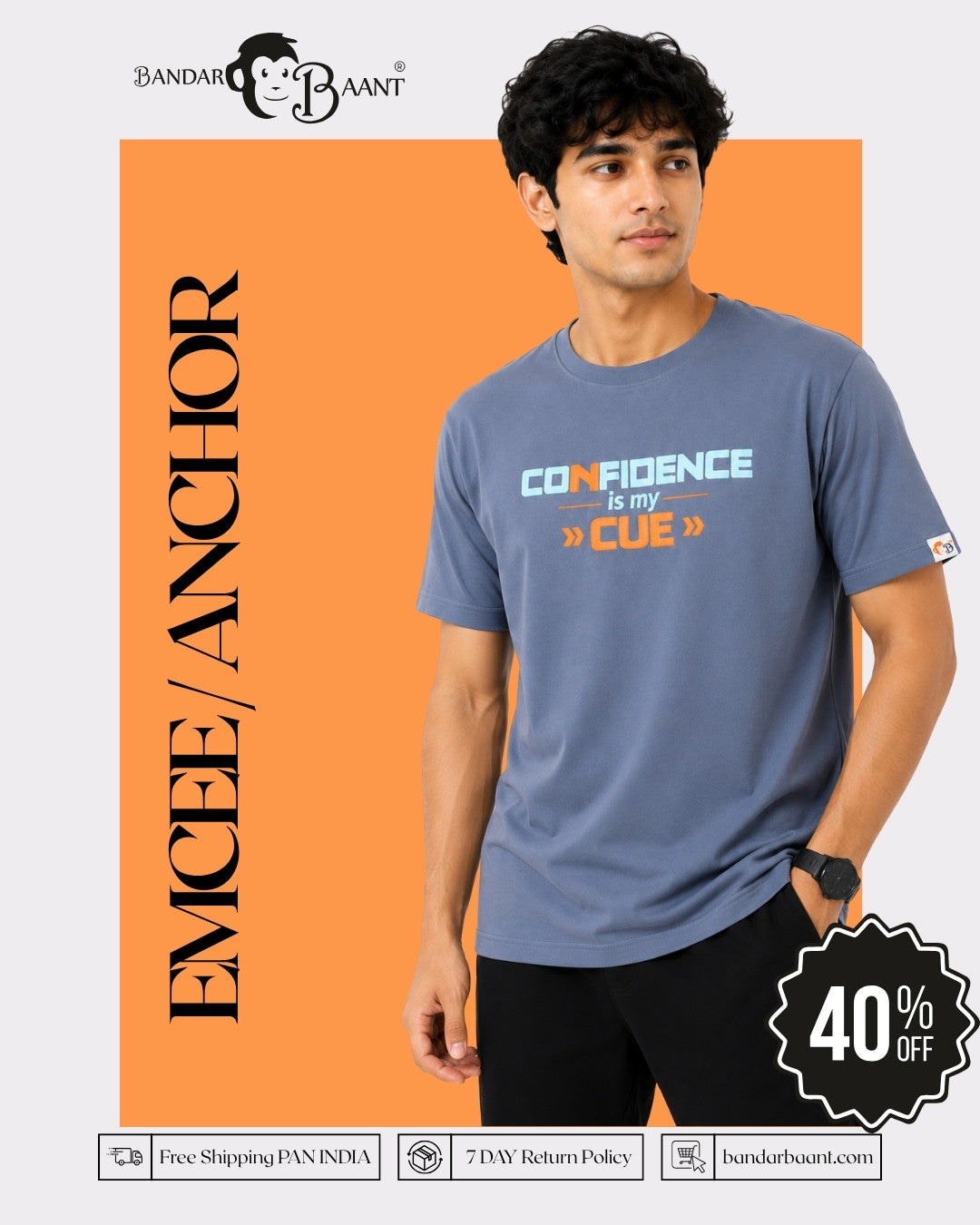 Regular Fit T-shirt For Men For Anchors by Bandar Baant Collections with Confidence printed in blue