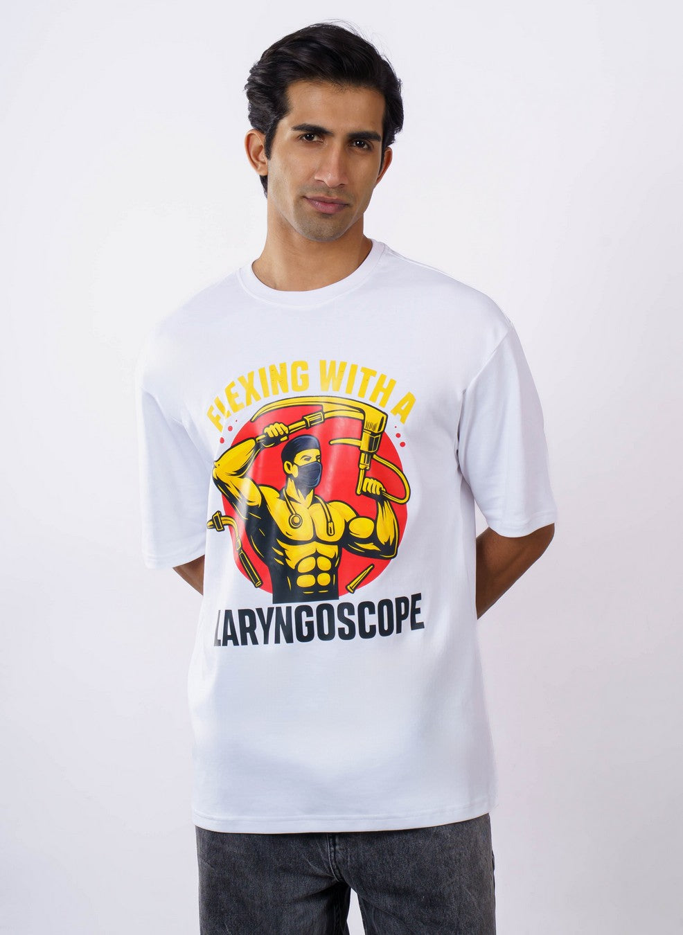 ENT Specialist Printed T Shirt For Men oversized fit white tshirt with colorful flexing graphic