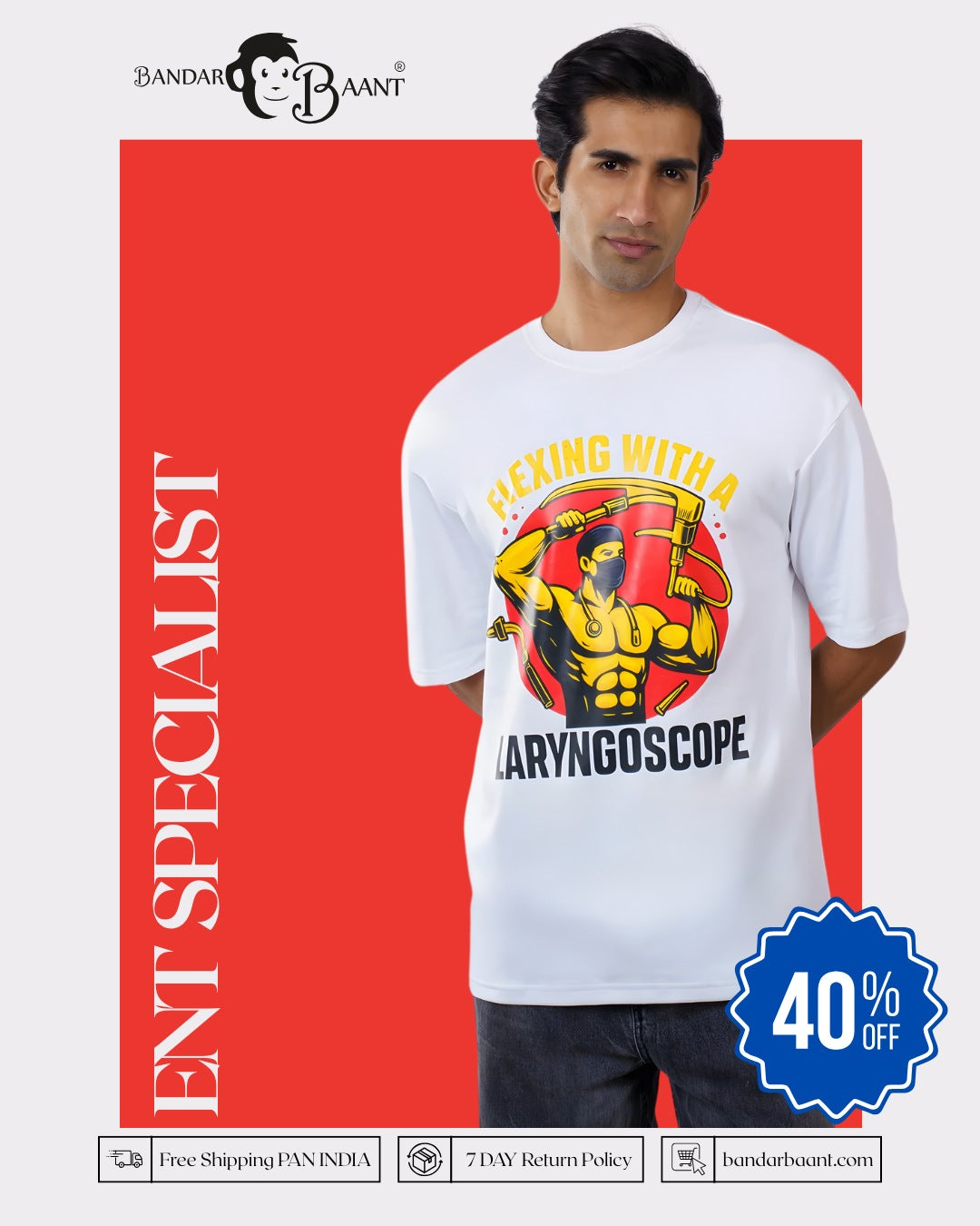 ENT Specialist Printed T Shirt For Men oversized fit in white with graphic design of flexing man and laryngoscope